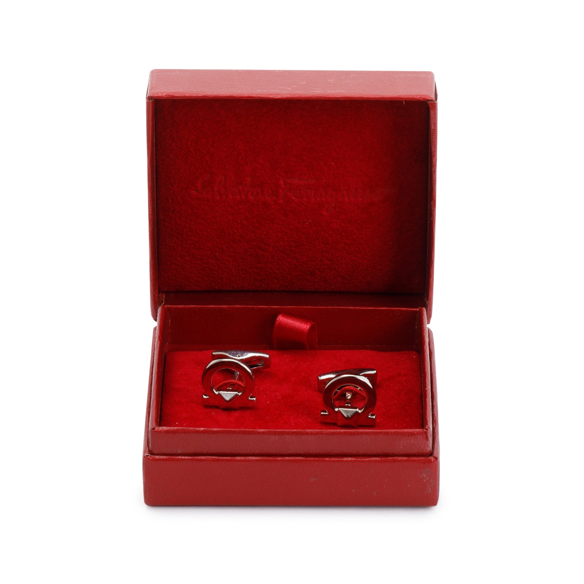 Salvatore Ferragamo Silver Metal Gancini Cufflinks w/ Box