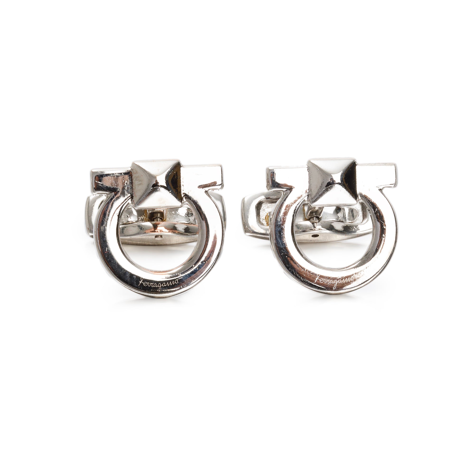 Salvatore Ferragamo Silver Metal Gancini Cufflinks w/ Box