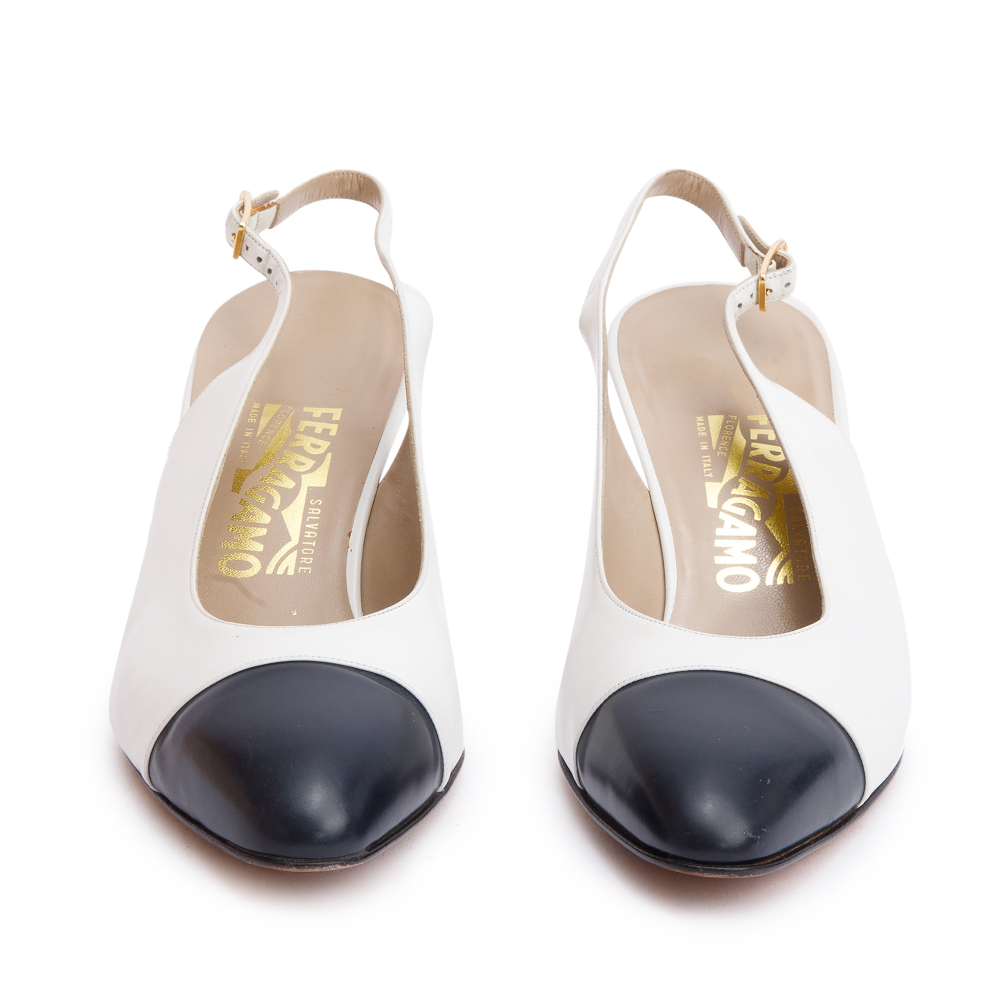 Salvatore Ferragamo White & Black Leather Slingback Pumps, Size 10