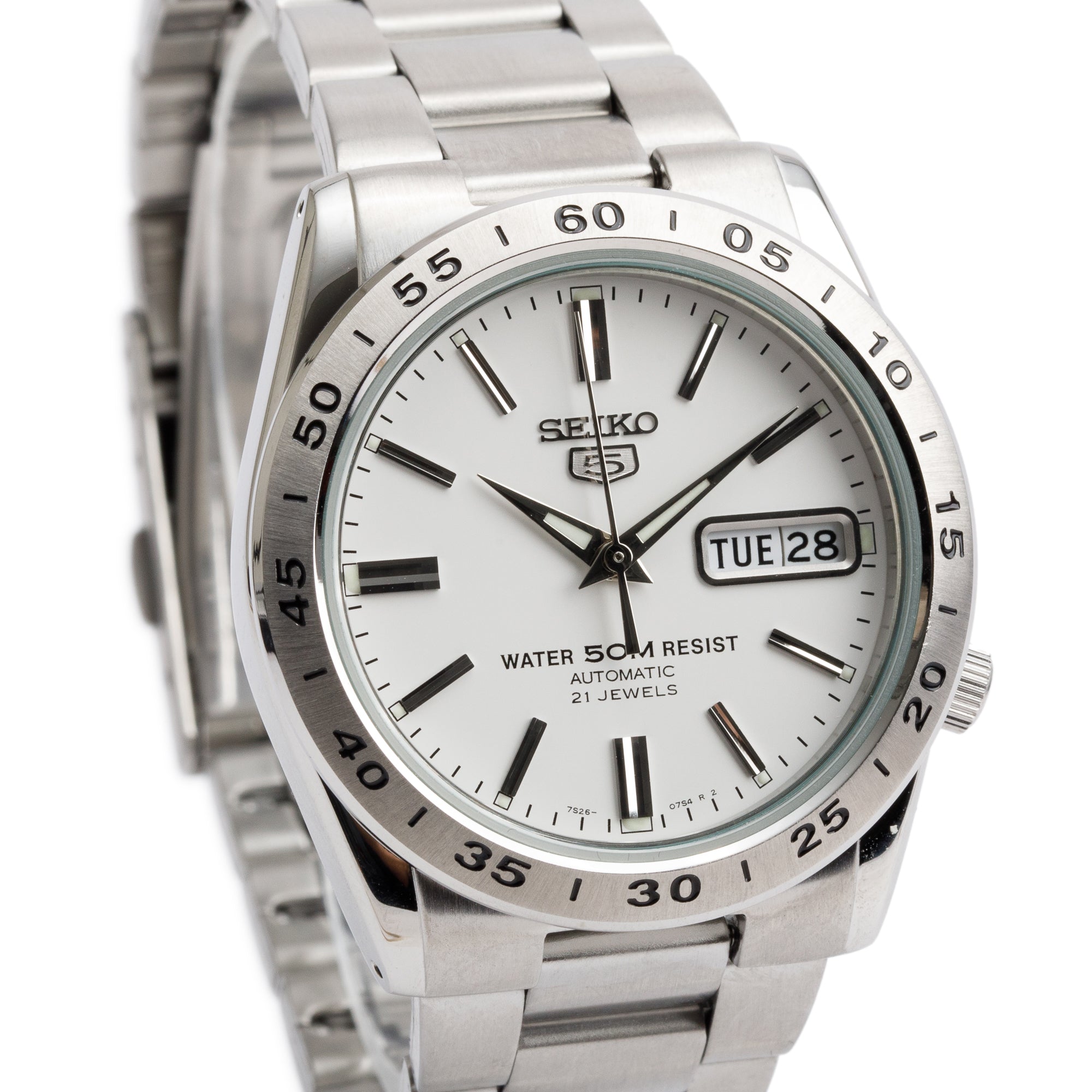 Seiko Stainless Steel 5 36.5 MM Automatic Watch White Dial w/ Box & Papers