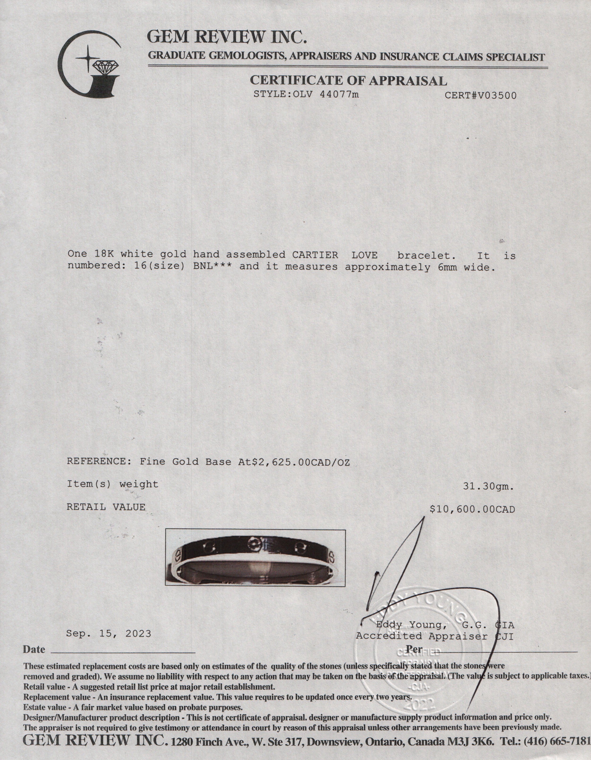 Cartier 18k White Gold Love Bracelet, Size 16