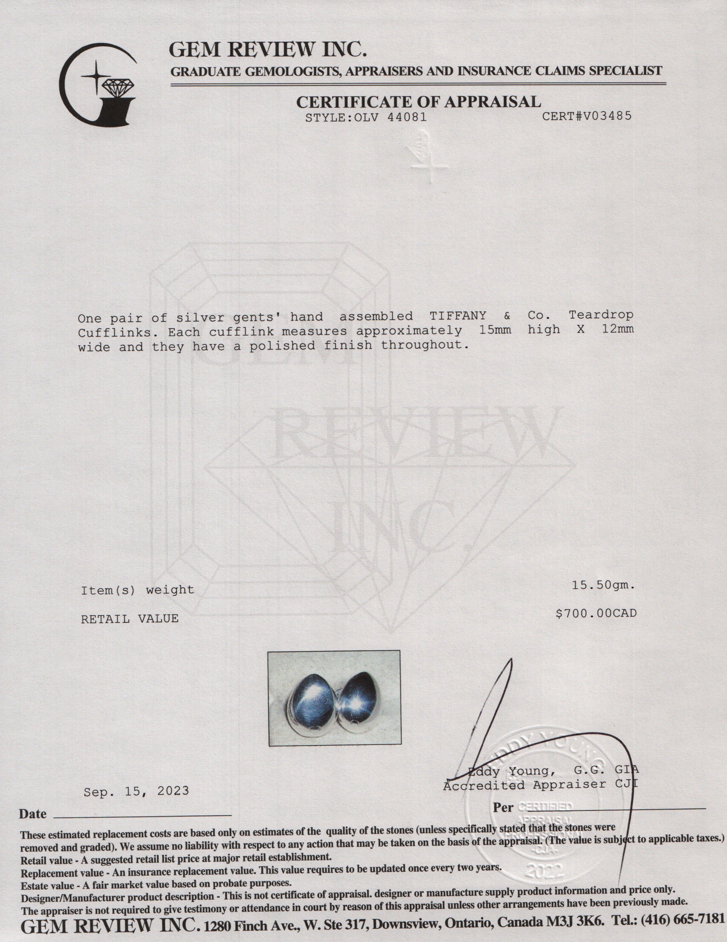 Tiffany & Co. Sterling Silver Teardrop Cufflinks