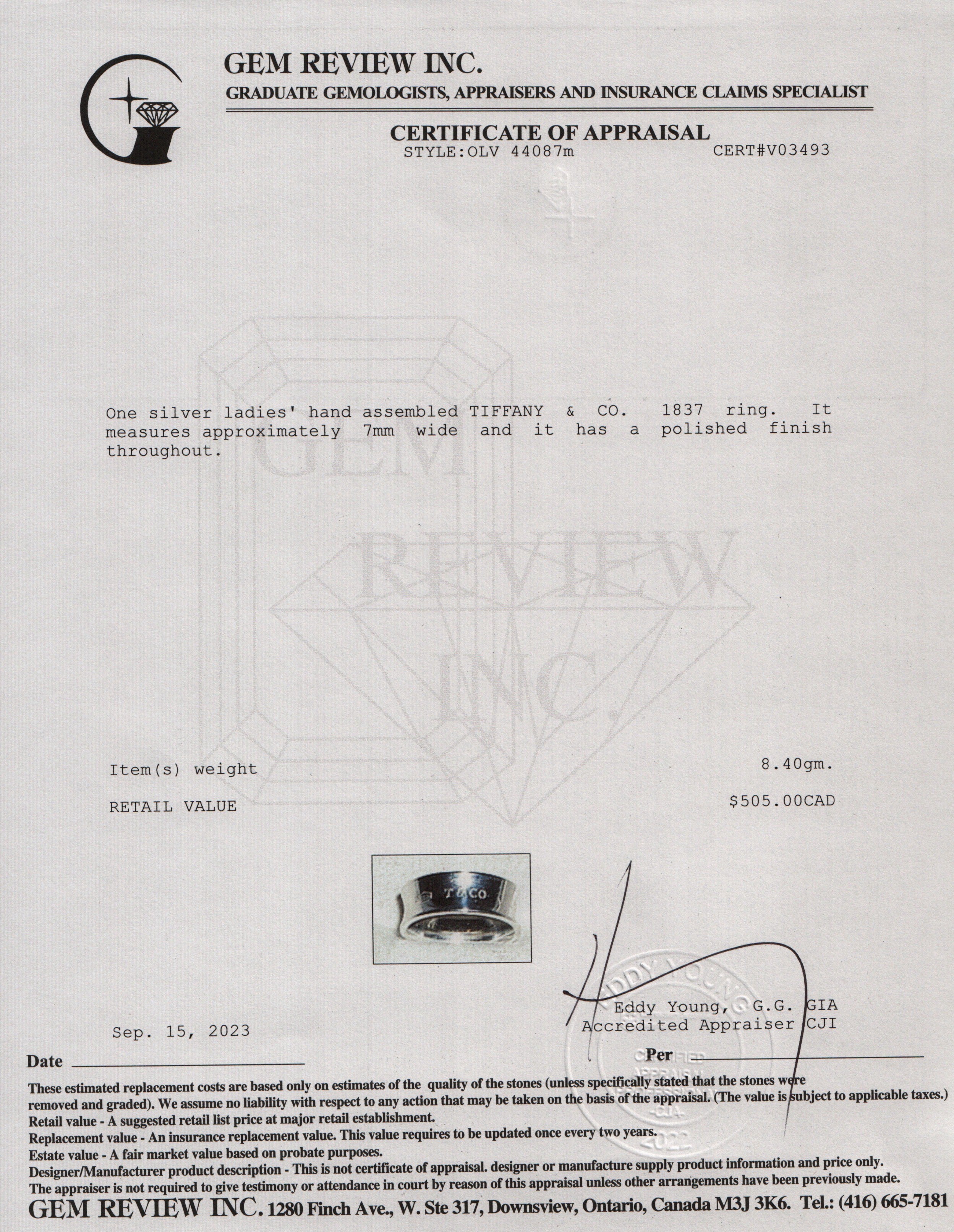 Tiffany & Co. Sterling Silver 1837 Ring, Size 10