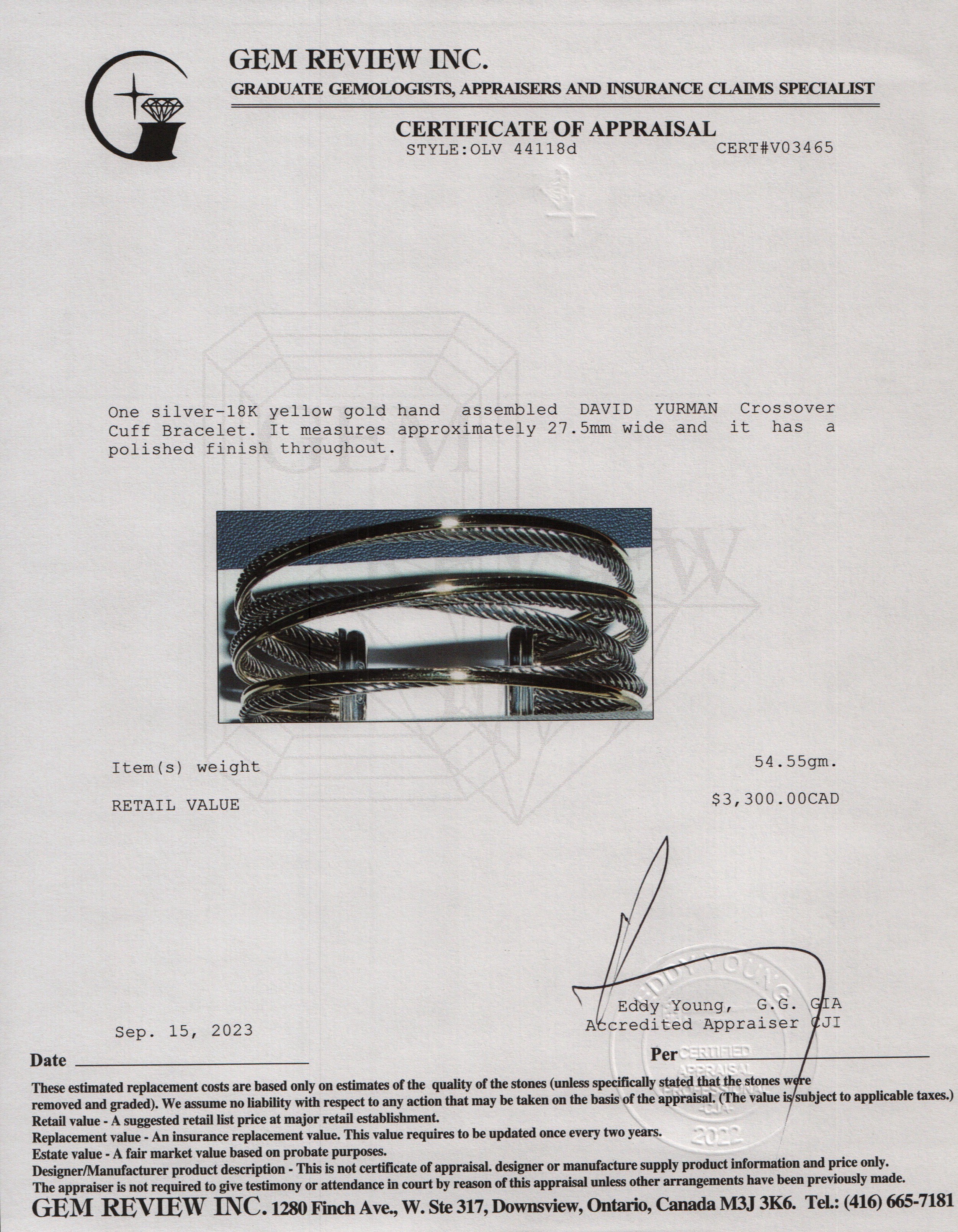 David Yurman Sterling Silver & 18k Yellow Gold 27.5 MM Crossover Cuff Bracelet w/ Box