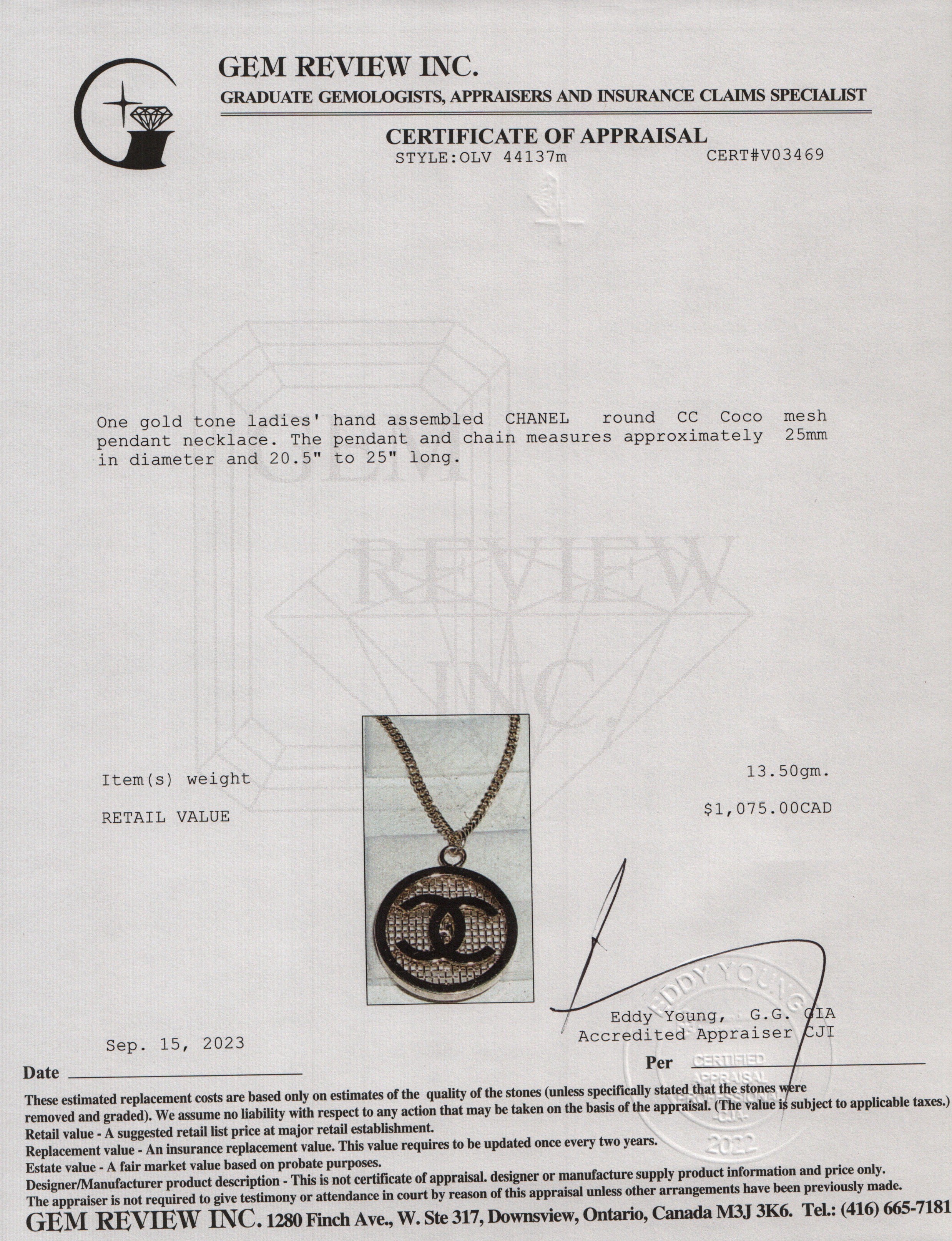 Chanel Gold-Plated Metal Round CC Coco Mesh Pendant Necklace