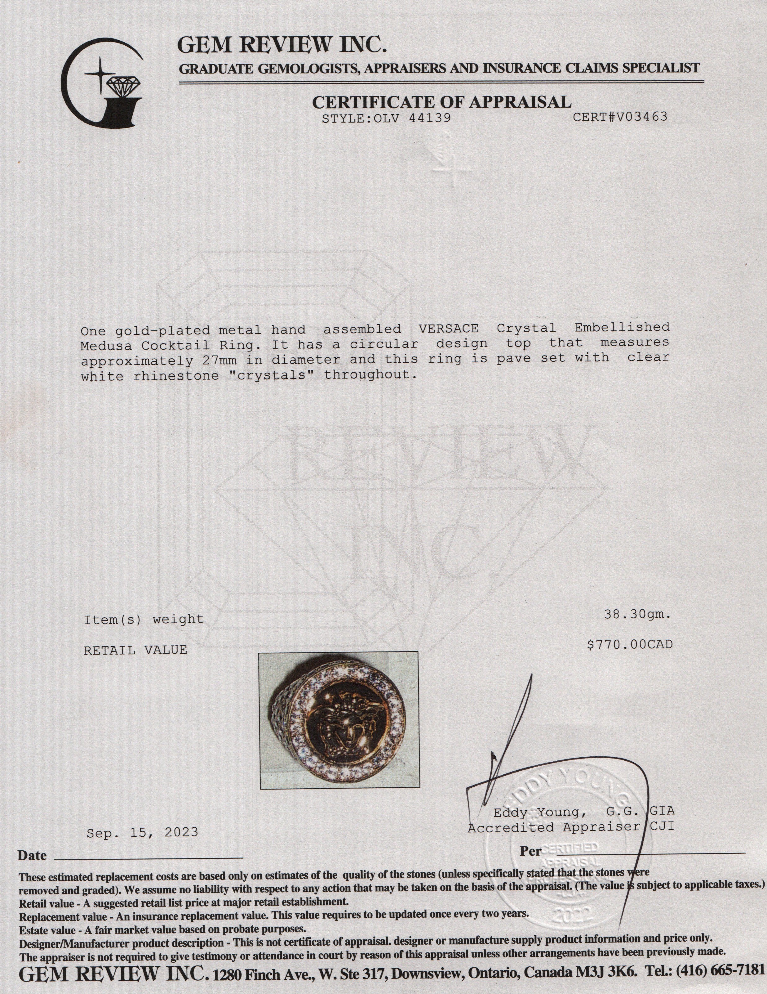 Versace Gold-Plated Metal Crystal Embellished Medusa Cocktail Ring, Size 19 8.5