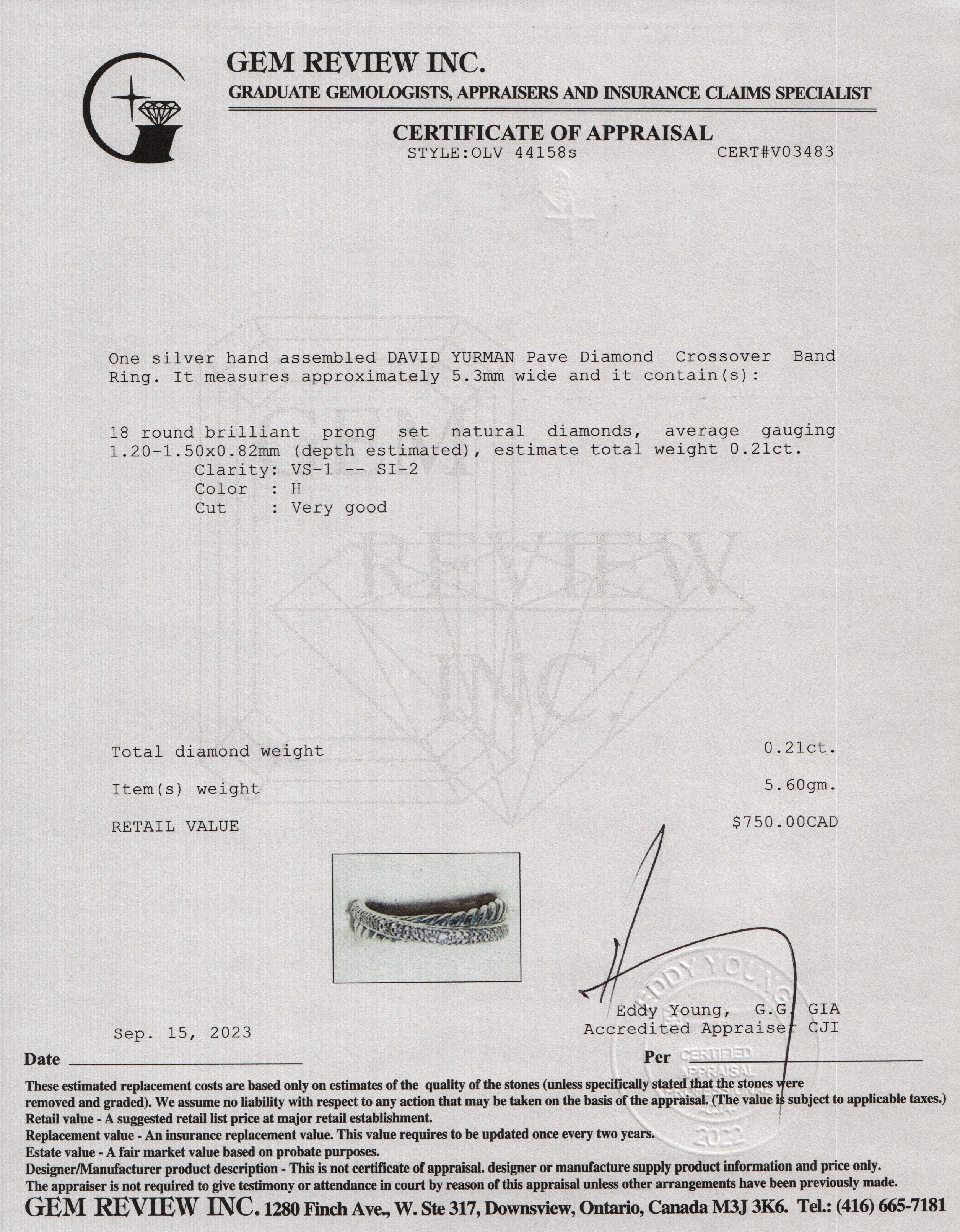 David Yurman Sterling Silver & Pave Diamond Crossover 5.3 MM Band Ring, Size 8