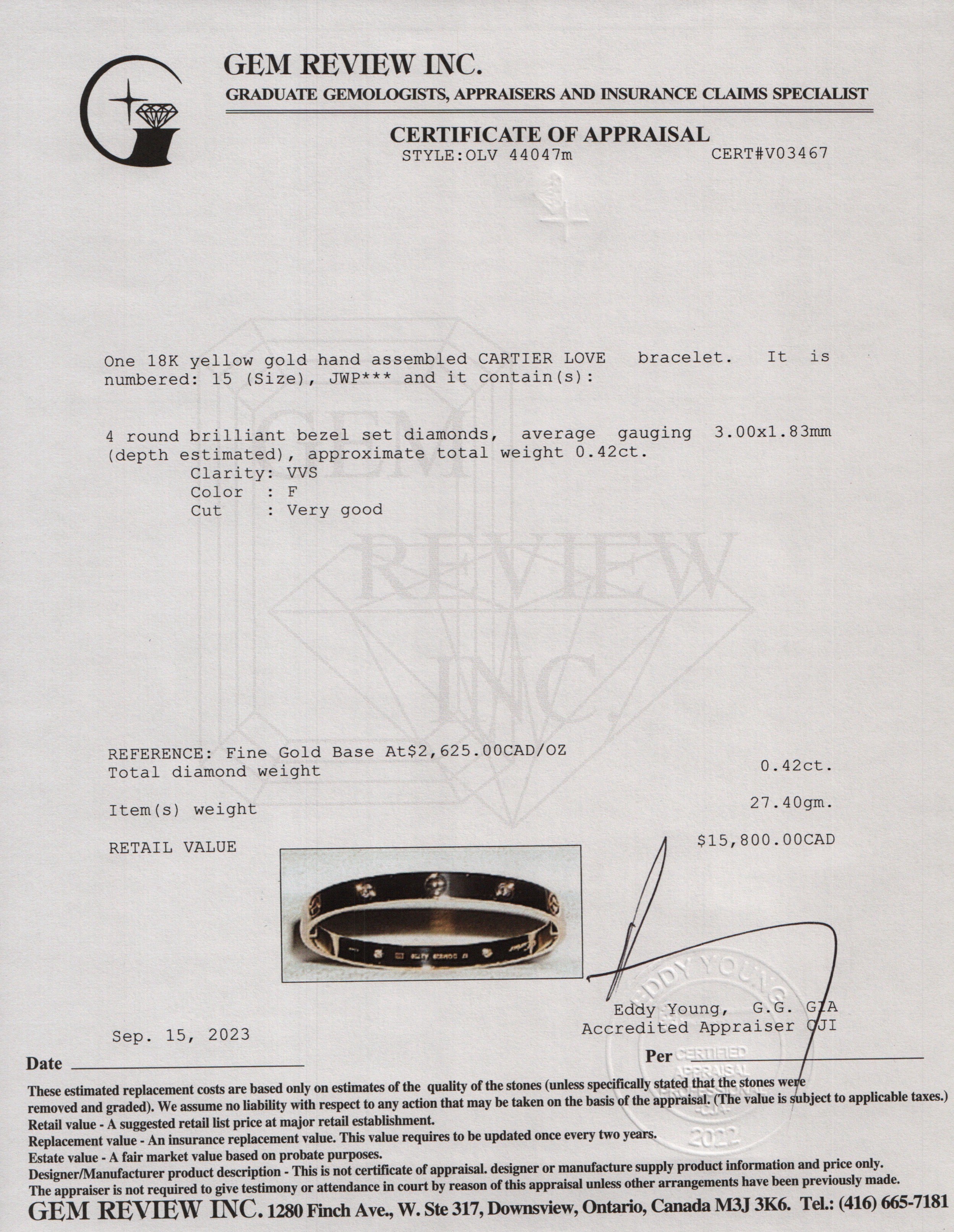 Cartier 18k Yellow Gold Love Bracelet with 4 Diamonds, Size 15 w/ Box, Receipt & Certificate