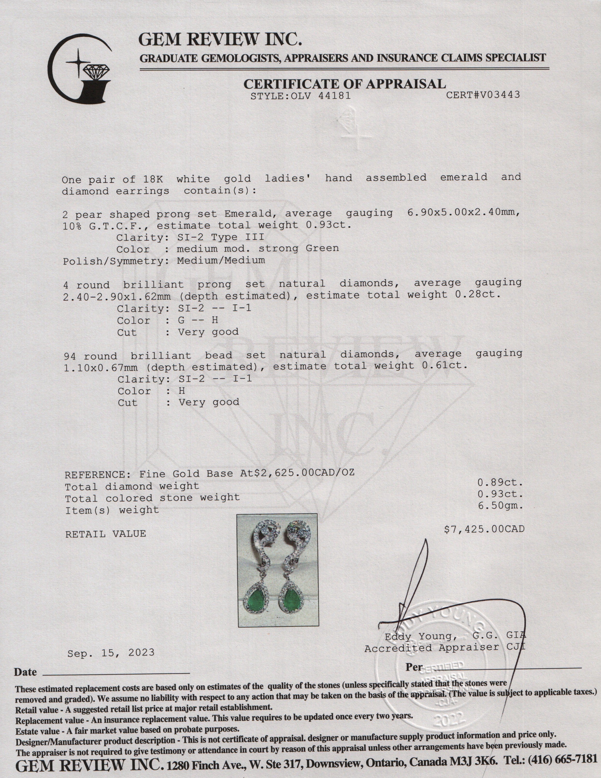 18k White Gold Emerald & Diamond Drop Earrings