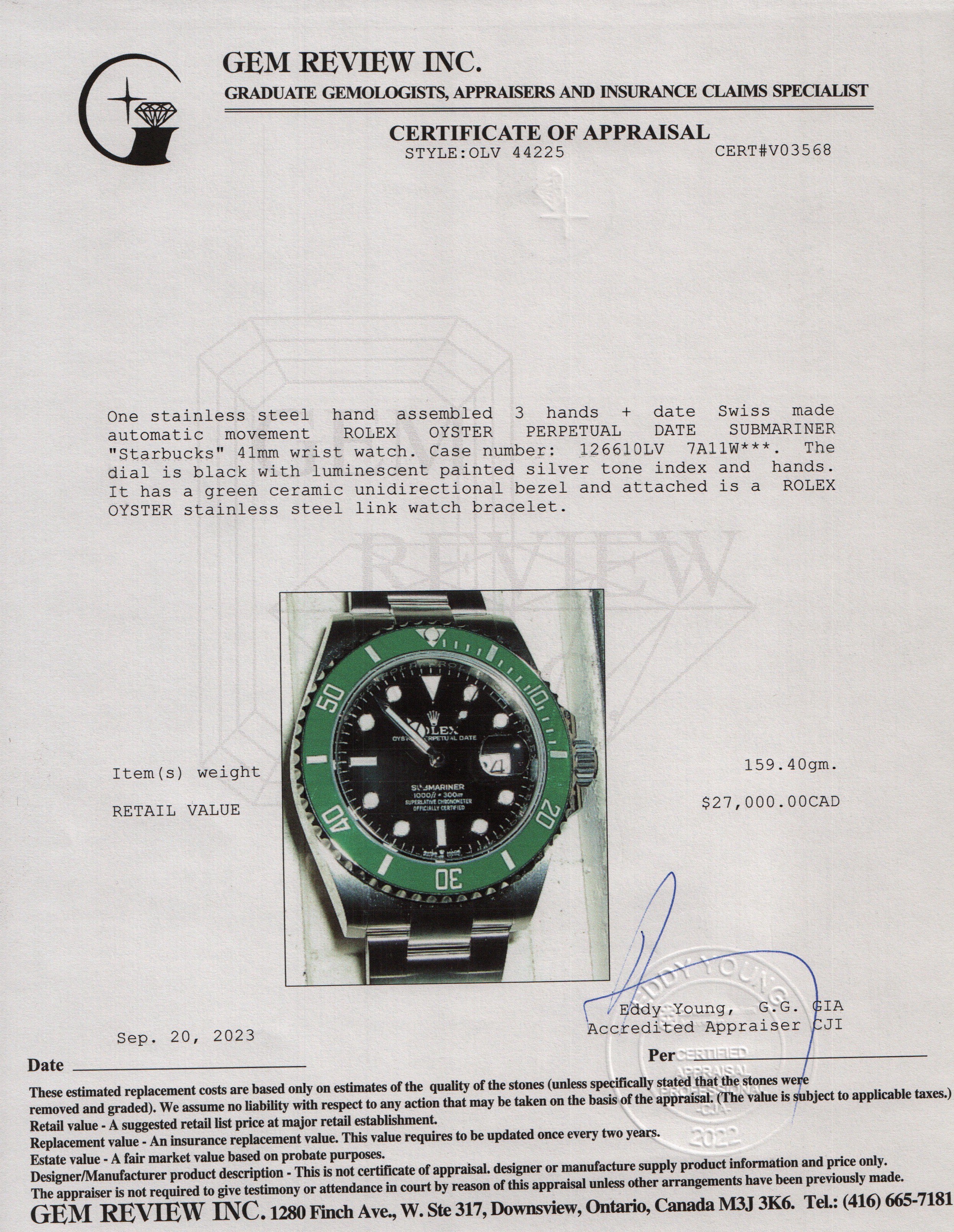 Rolex 2022 Stainless Steel Submariner 'Starbucks' 41 MM Date Watch w/ Box & Papers