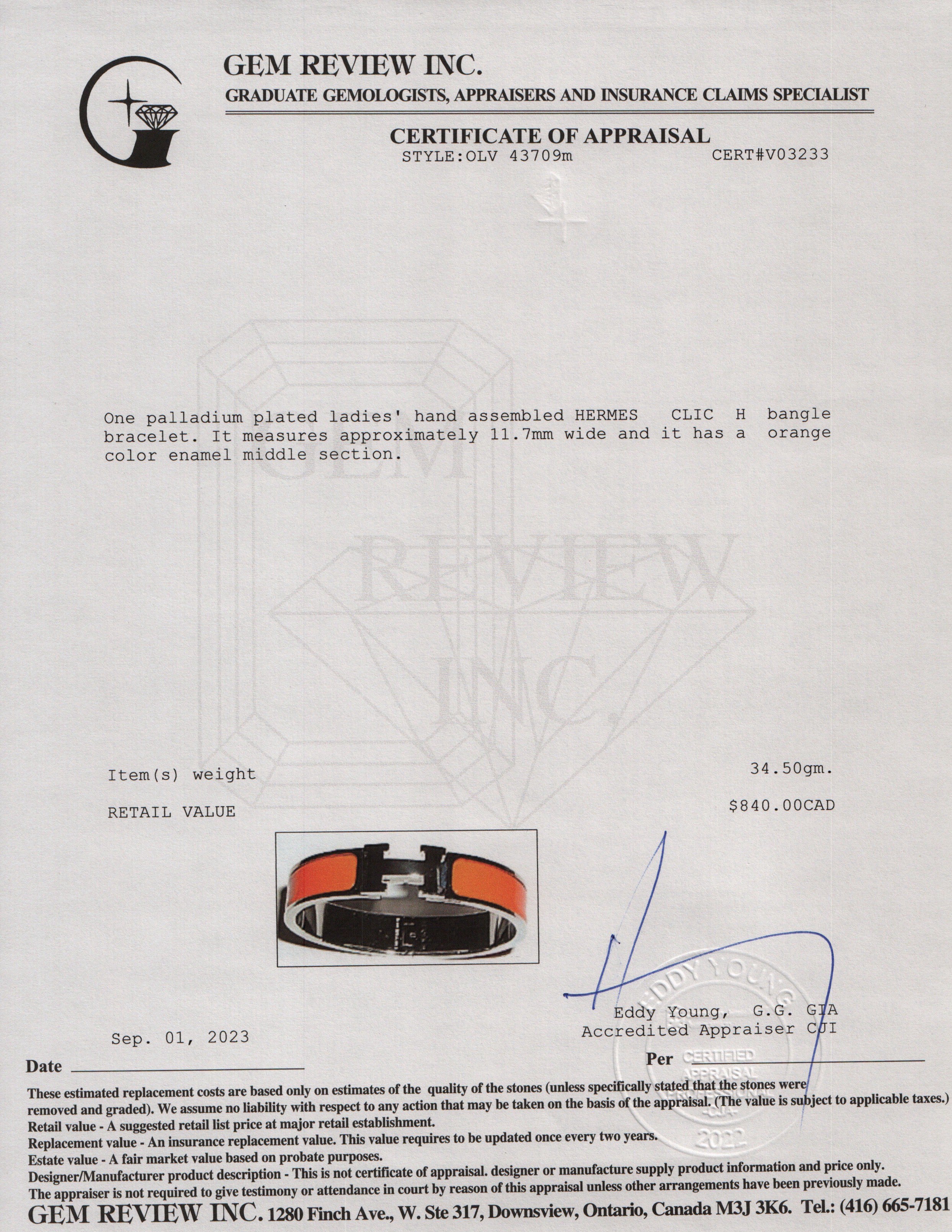 Hermes Palladium-Plated Orange Enamel Clic H Bracelet
