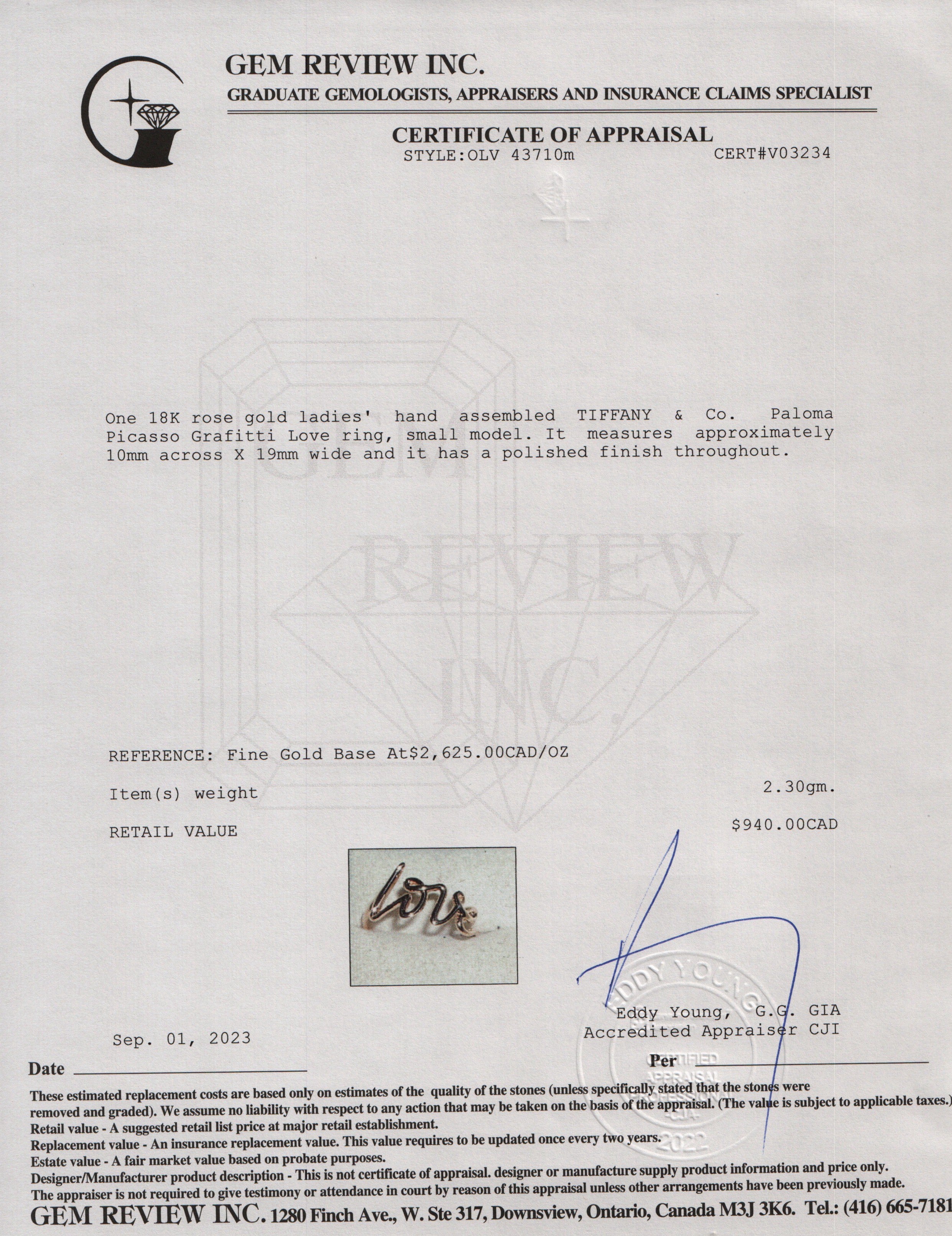 Tiffany & Co. 18K Rose Gold Paloma Picasso Graffiti Love Ring, Small Model, Size 6.5