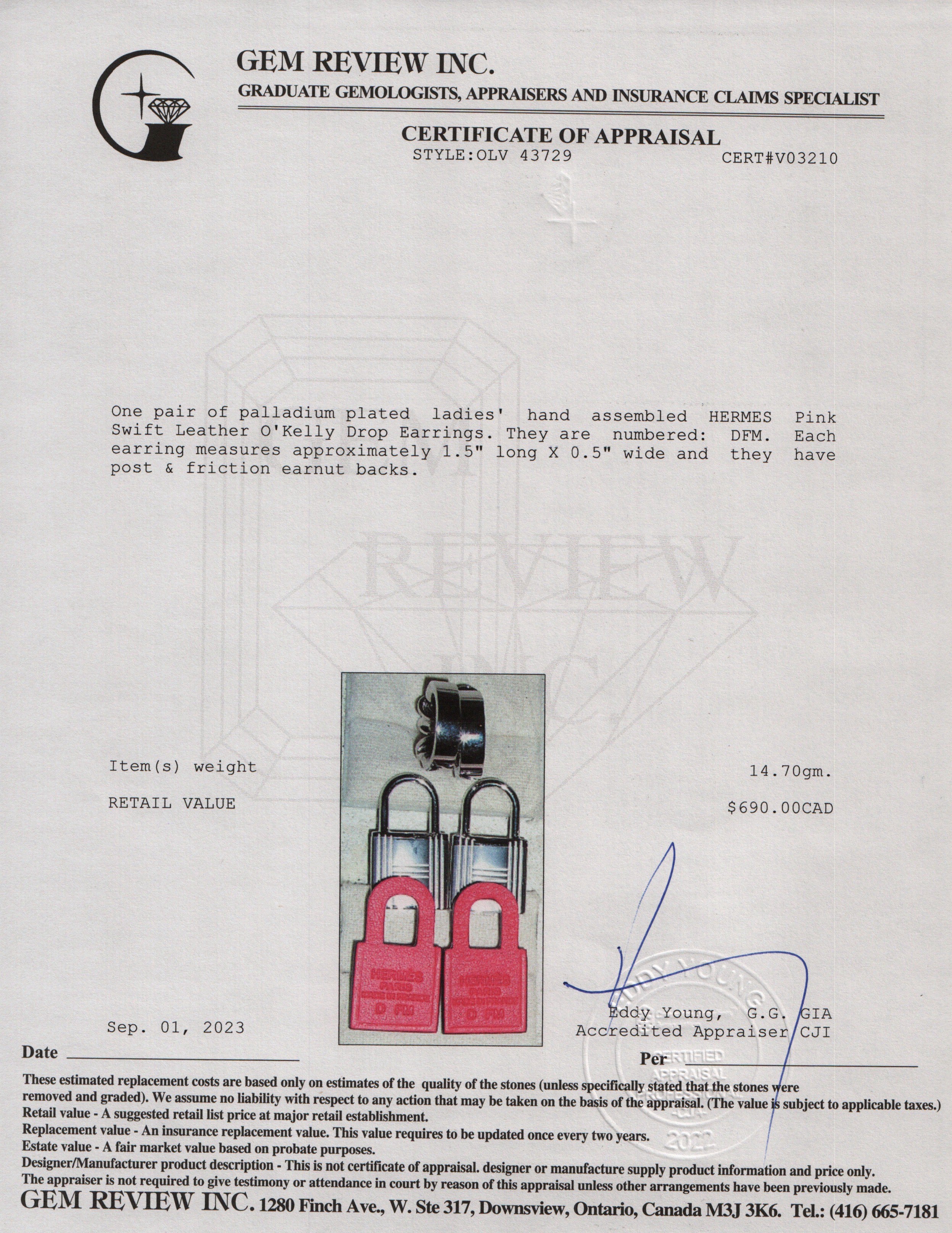 Hermes Palladium Swift O'Kelly Drop Earrings w/ Box