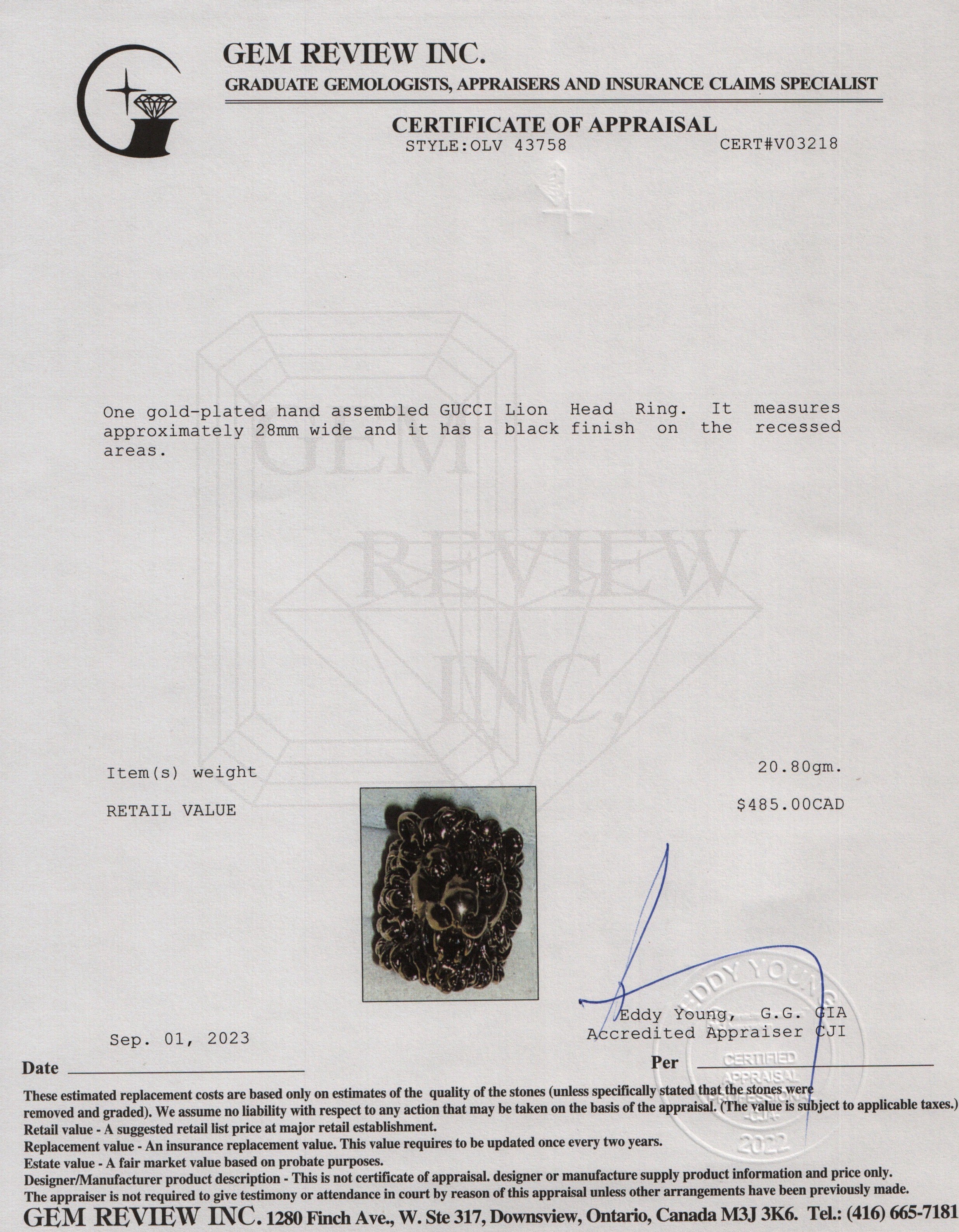 Gucci Aged Gold Plated Metal Lion Head Ring