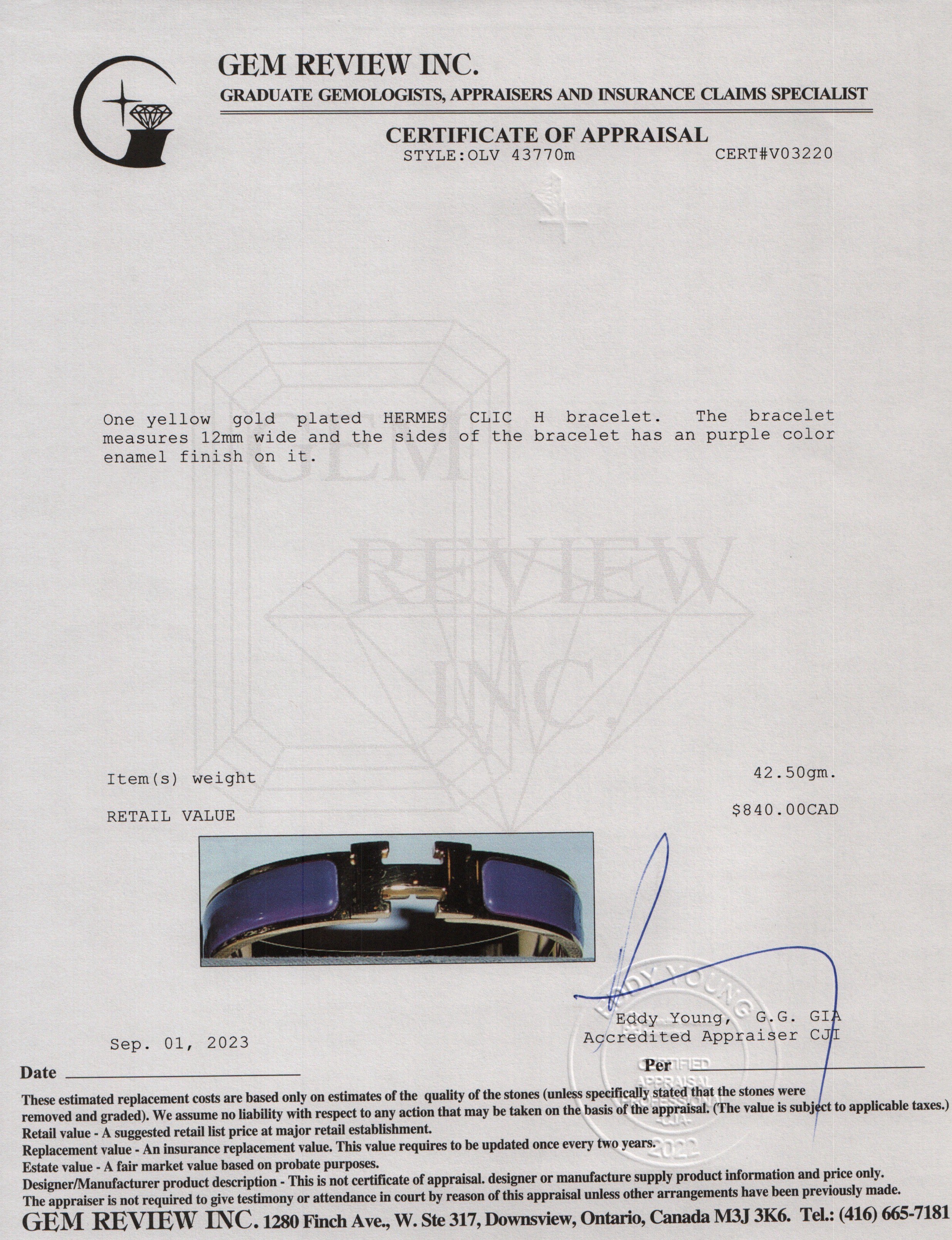 Hermes Gold-Plated Purple Enamel 12 MM Clic H Bracelet