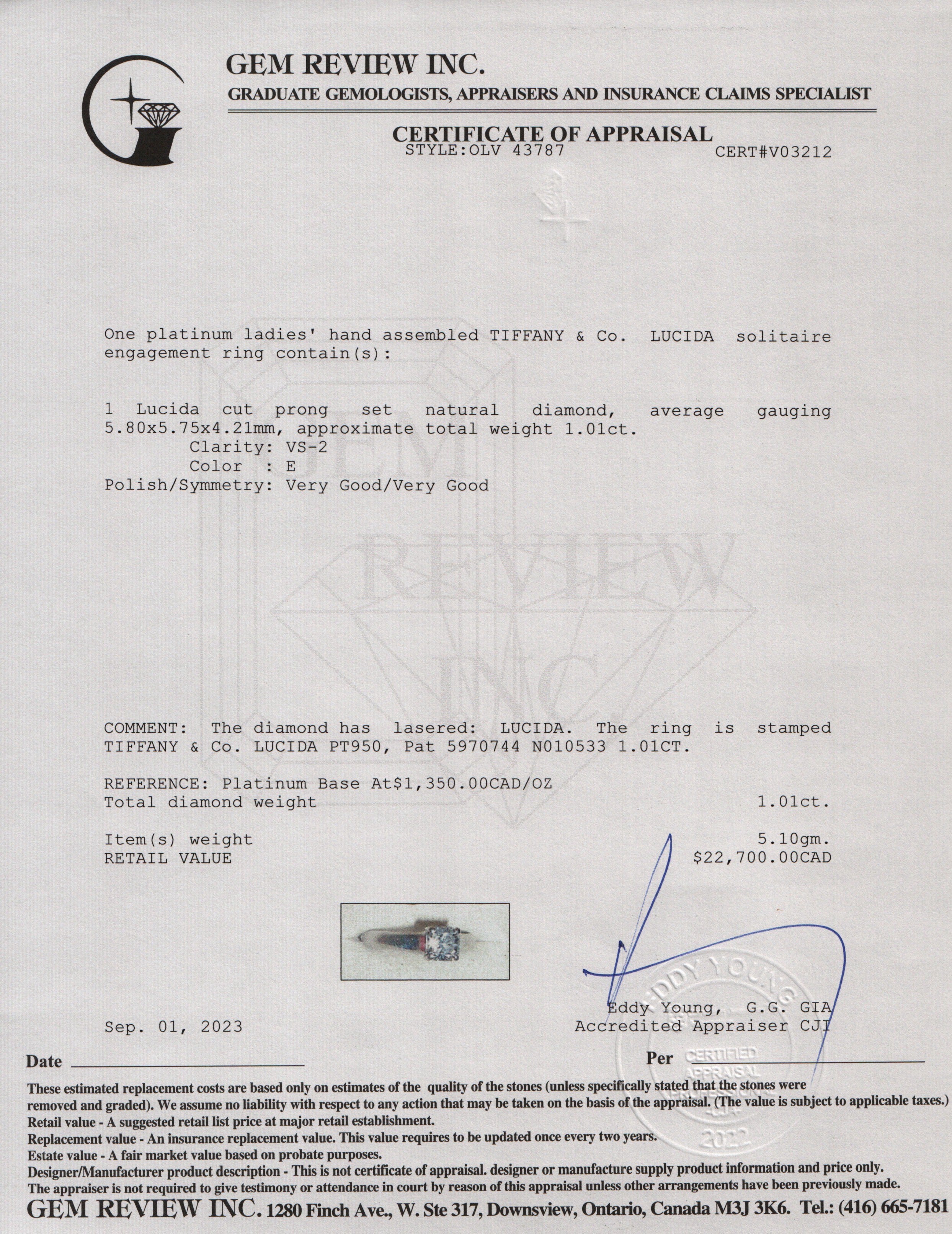 Tiffany & Co. Platinum Lucida Cut 1.01 ct. Diamond Solitaire Engagement Ring w/ Box & Papers