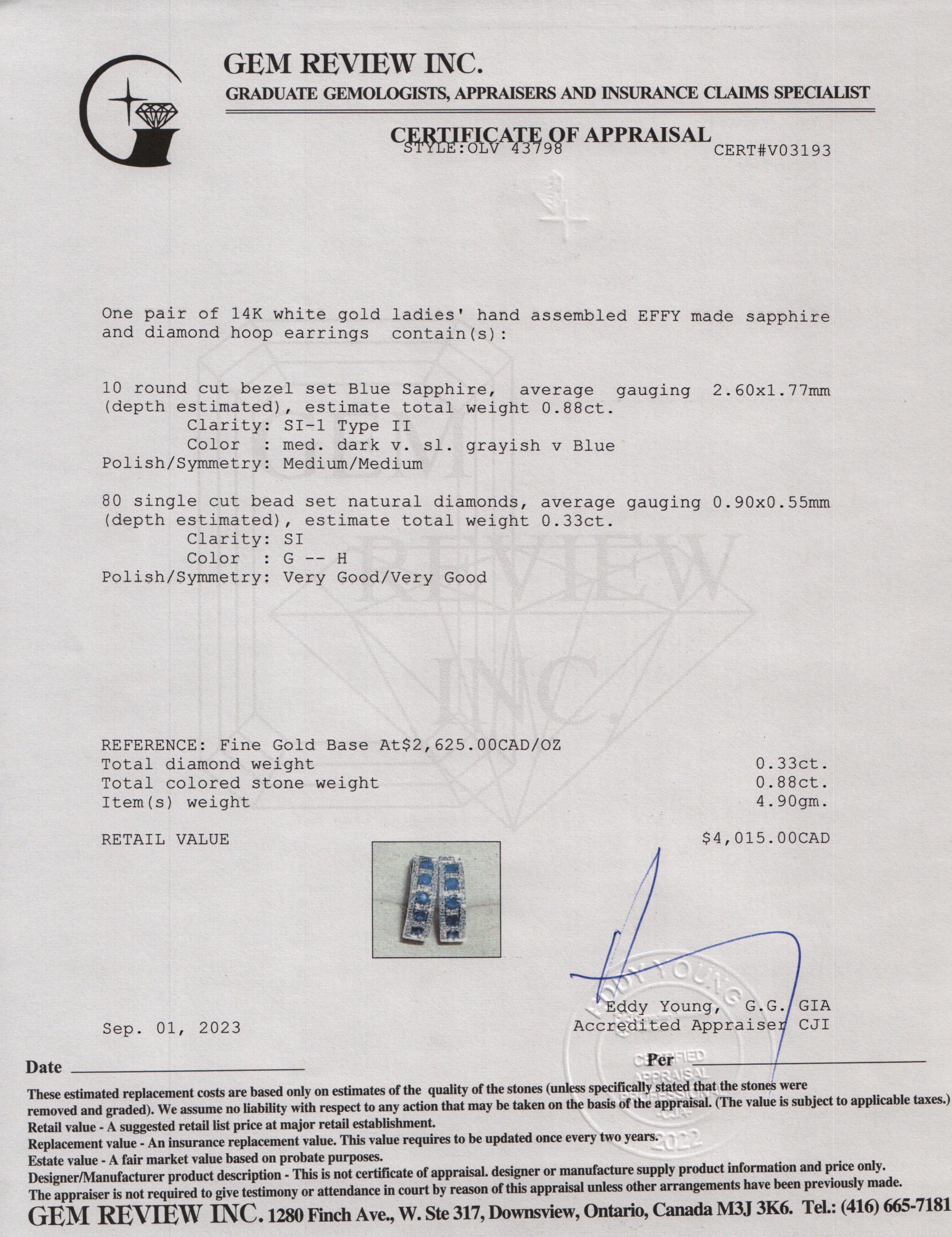 Effy 14k White Gold Blue Sapphire and Diamond Hoop Earrings