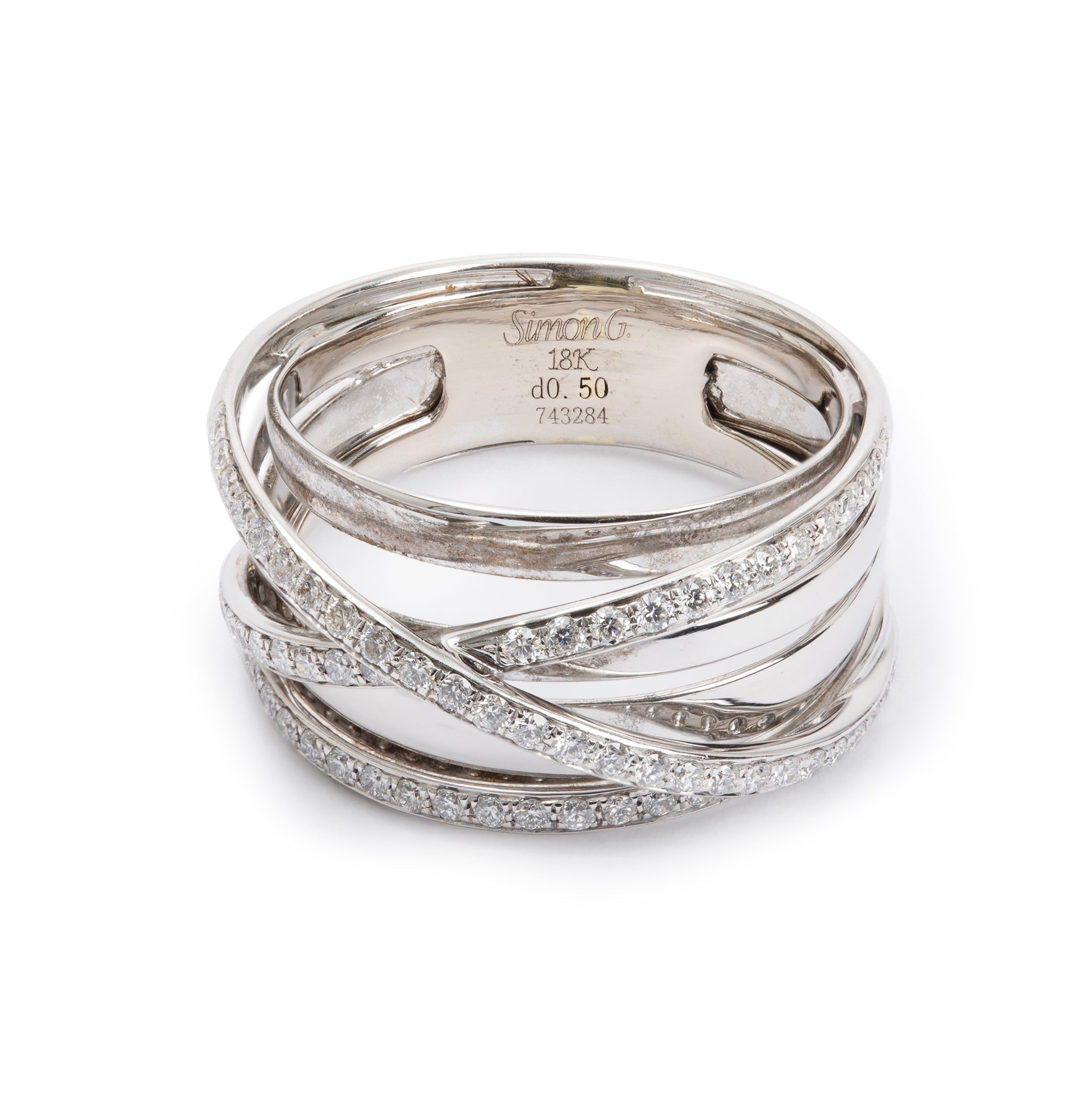 Simon G 18k White Gold Diamond Crossover Ring, Size 7