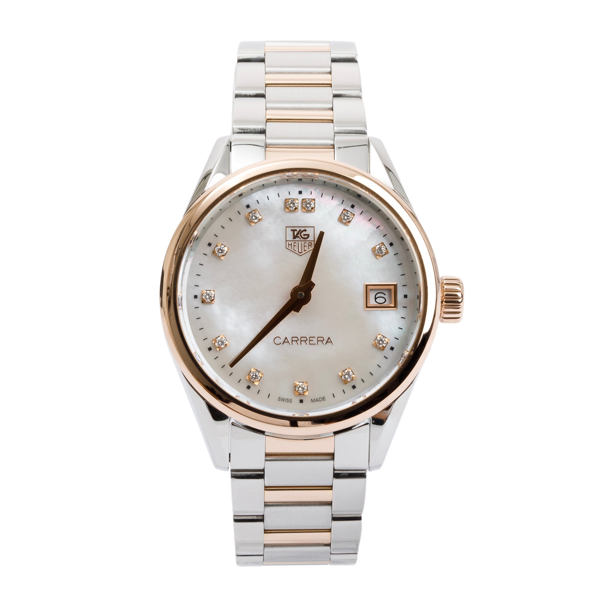Tag Heuer Stainless Steel & 18k Rose Gold Mother of Pearl Diamond Dial Carrera 32 MM Watch w/ Box