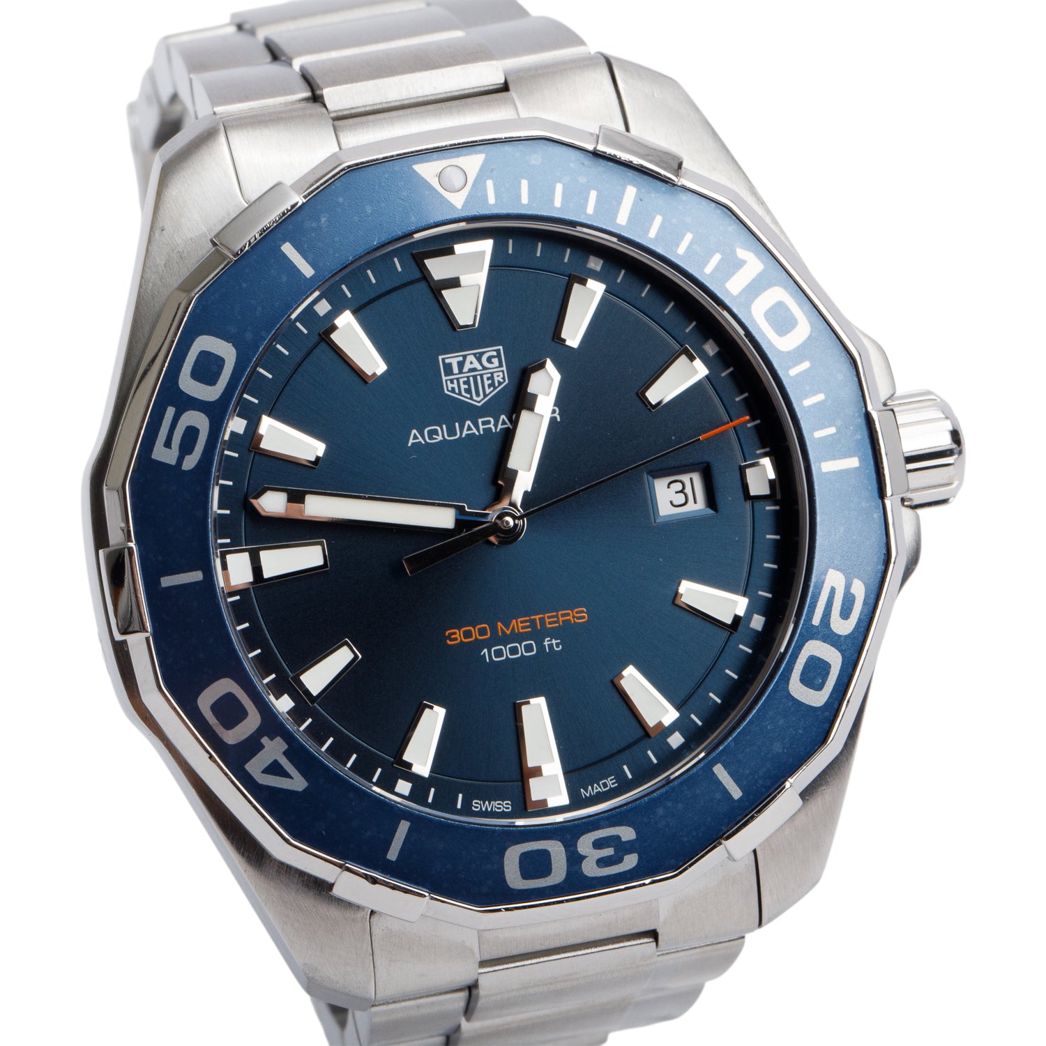 Tag Heuer Stainless Steel Aquaracer 43 MM Quartz Watch WAY101C Blue Dial w/ Box & Papers