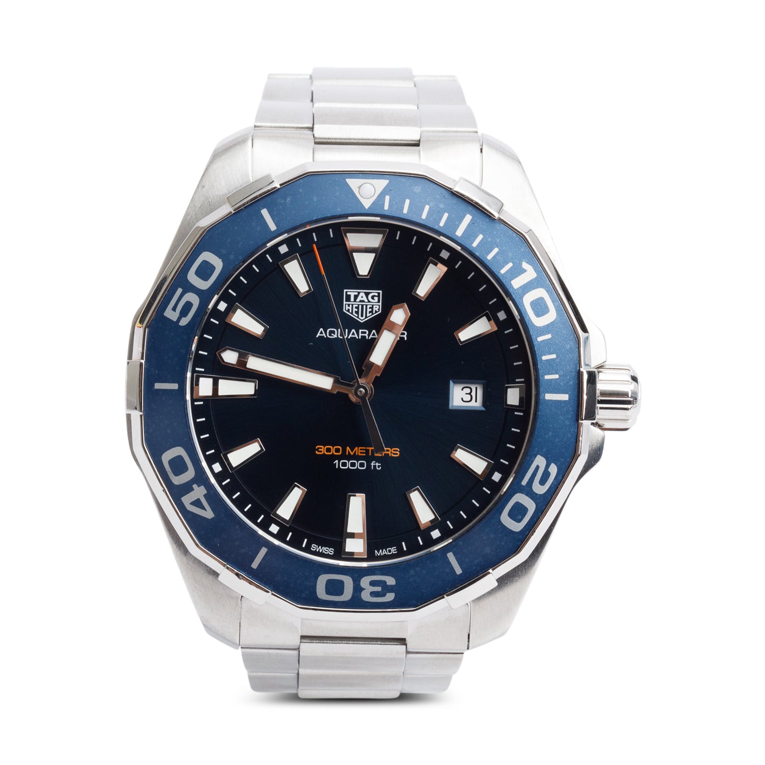 Tag Heuer Stainless Steel Aquaracer 43 MM Quartz Watch WAY101C Blue Dial w/ Box & Papers