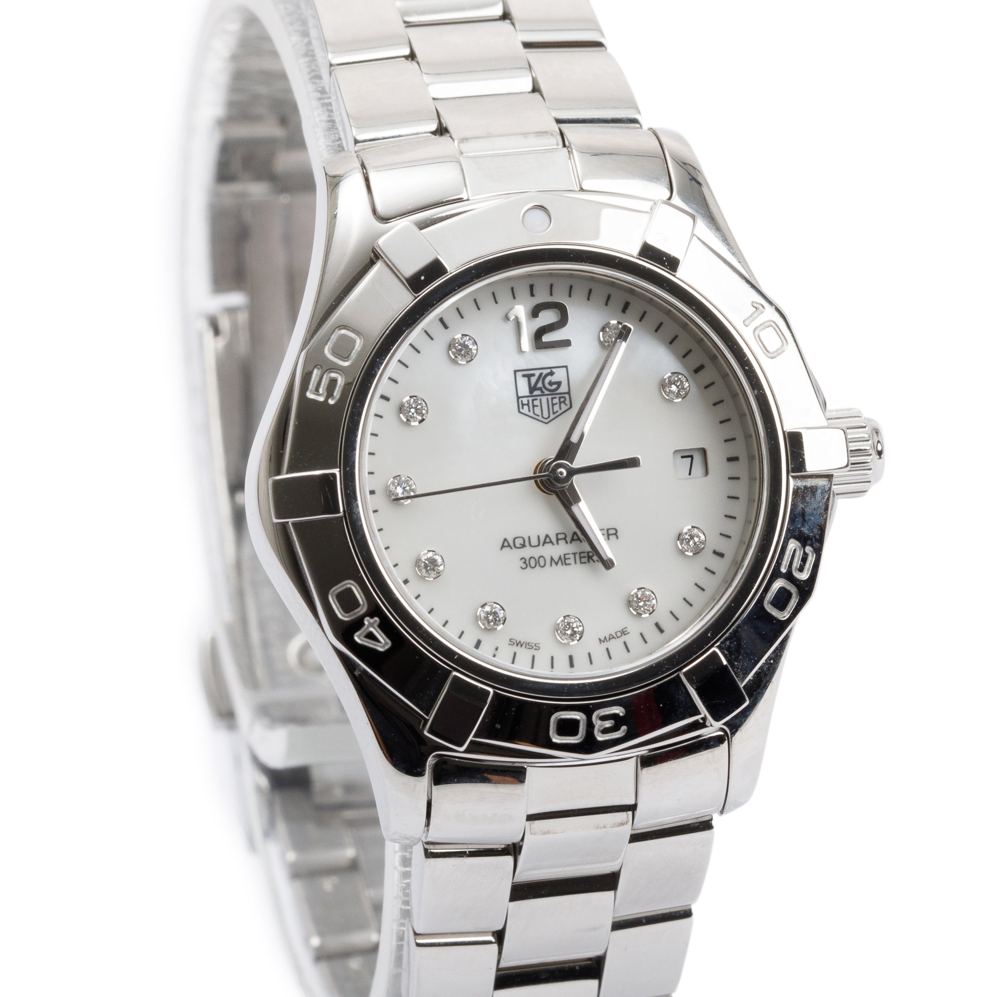 Tag Heuer Stainless Steel Aquaracer Mother of Pearl Diamond Dial 27 MM Watch w/ Box & Papers