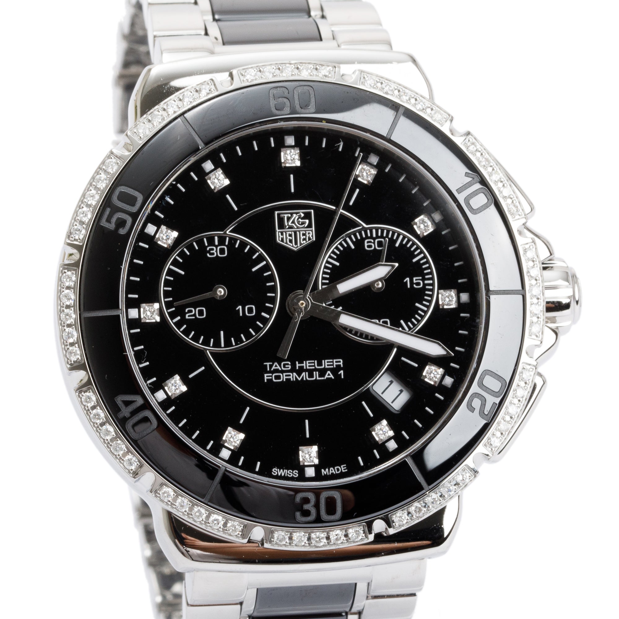 Tag Heuer Stainless Steel & Black Ceramic Diamond Formula 1 41 MM Chronograph Quartz Watch