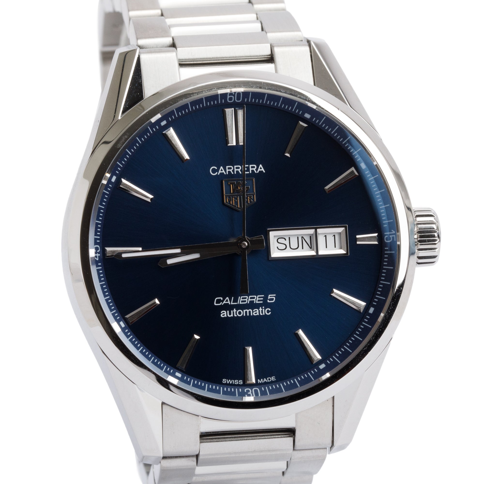 Tag Heuer Stainless Steel Blue Dial Carrera Day Date Calibre 5 41 MM Automatic Watch WAR201E w/ Box & Papers