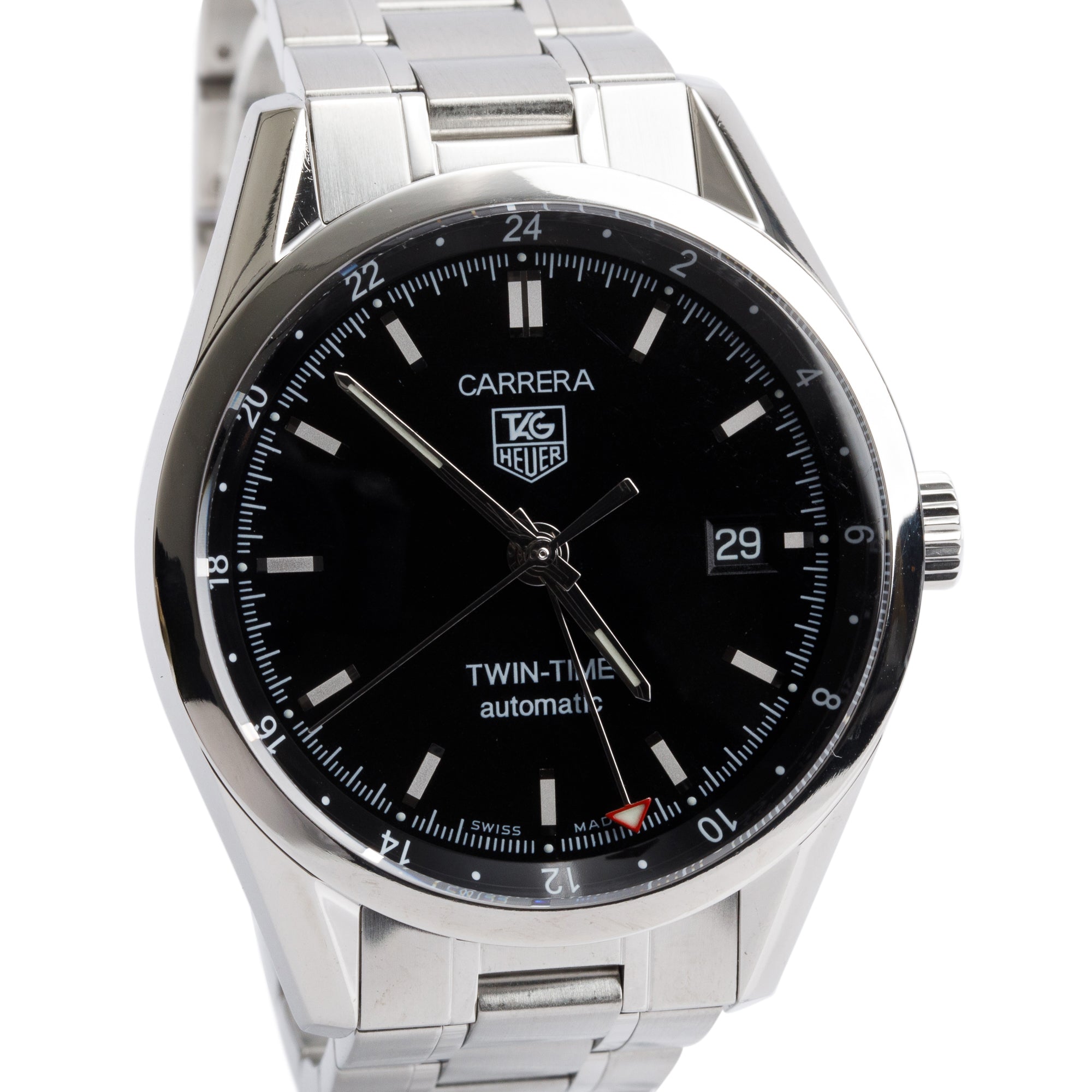 Tag Heuer Stainless Steel Carrera Twin-Time 39 MM Automatic Watch WV2115-0 w/ Box & Papers