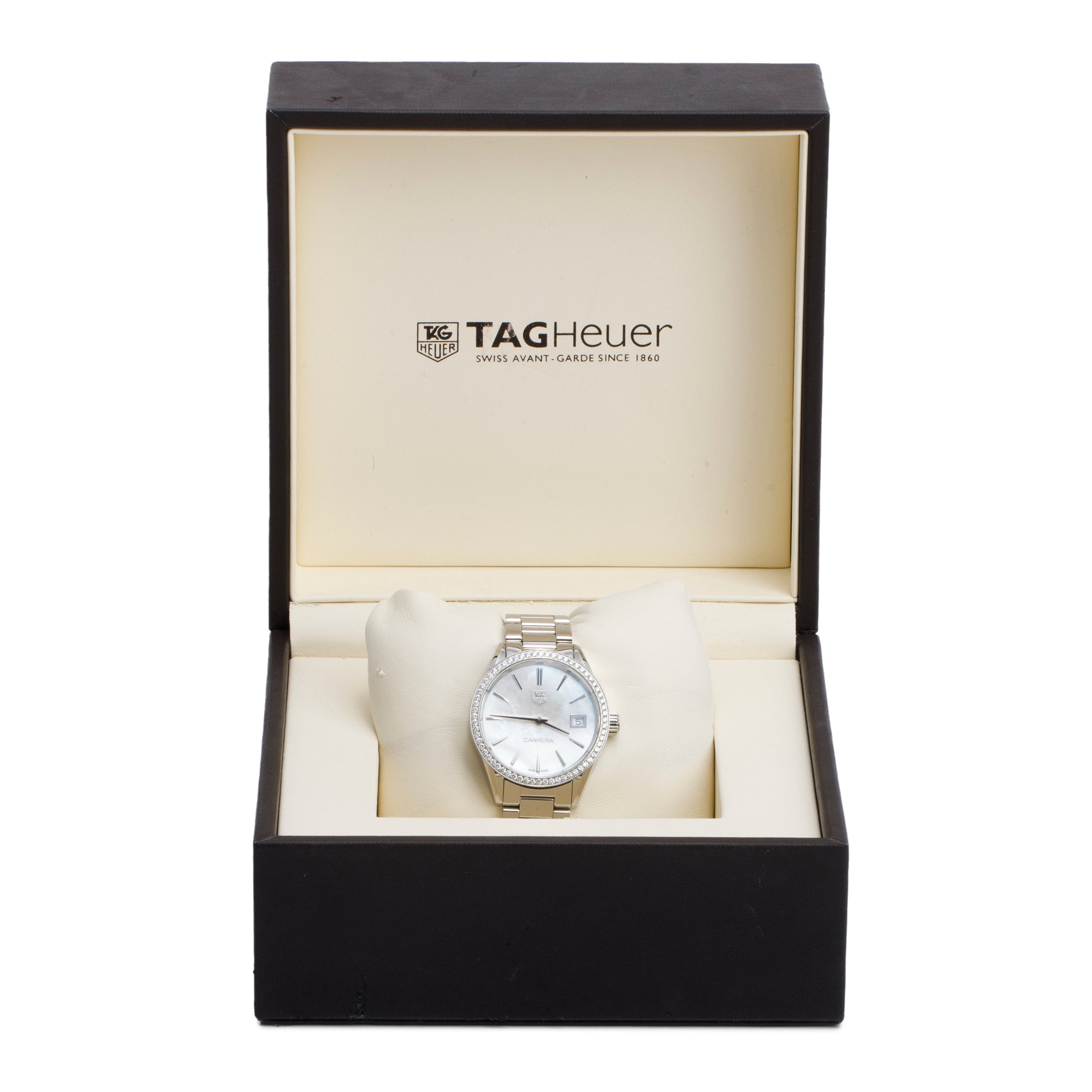 Tag Heuer Stainless Steel Diamond Bezel & Mother of Pearl Dial Carrera 32 MM Quartz Watch WAR1315 w/ Box