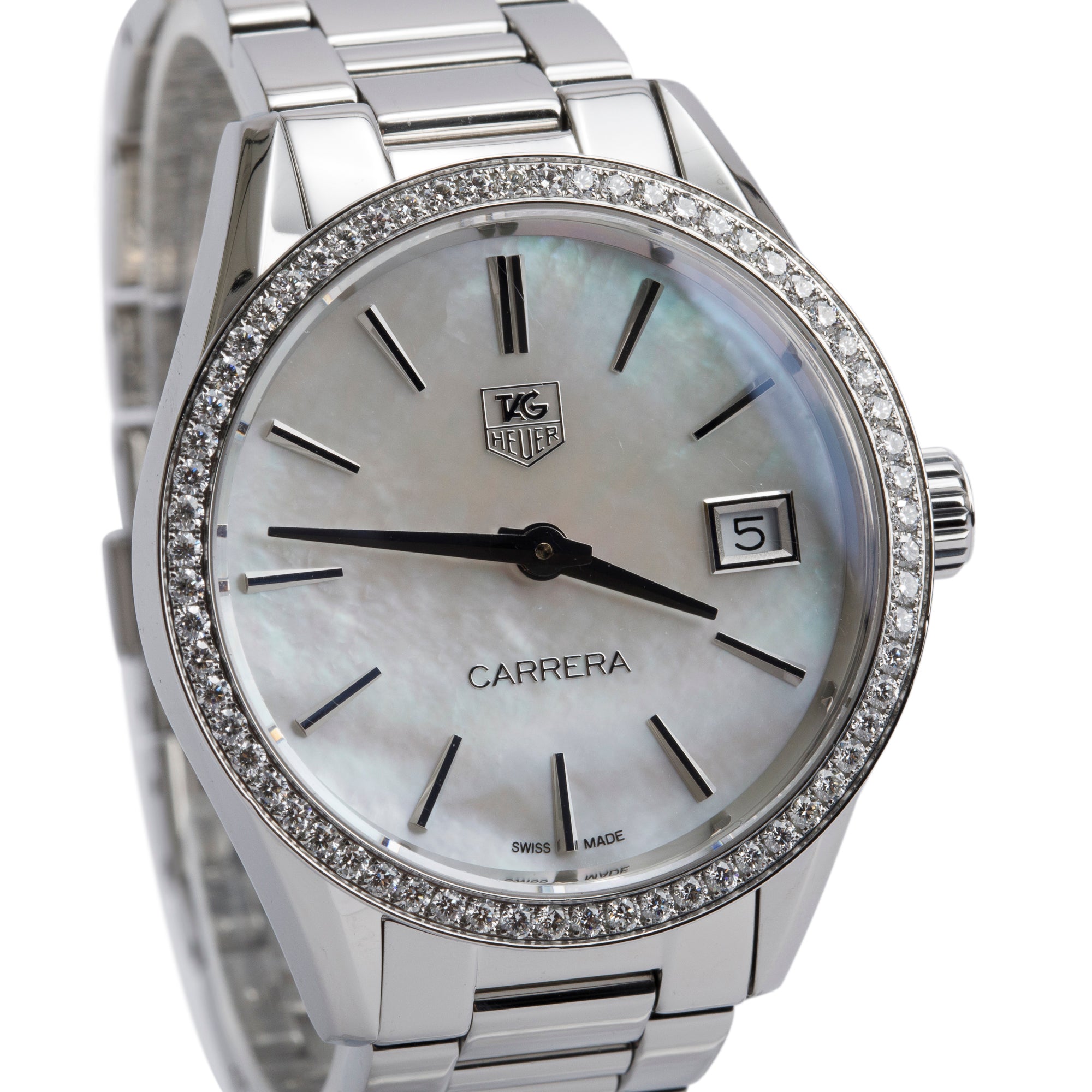 Tag Heuer Stainless Steel Diamond Bezel & Mother of Pearl Dial Carrera 32 MM Quartz Watch WAR1315 w/ Box