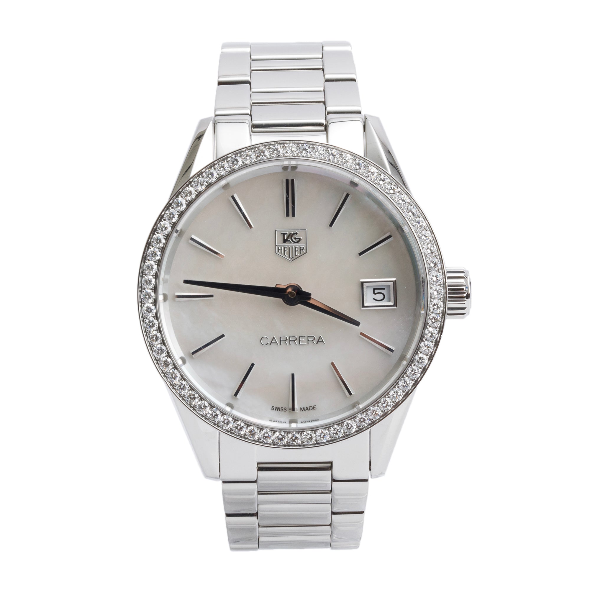 Tag Heuer Stainless Steel Diamond Bezel & Mother of Pearl Dial Carrera 32 MM Quartz Watch WAR1315 w/ Box