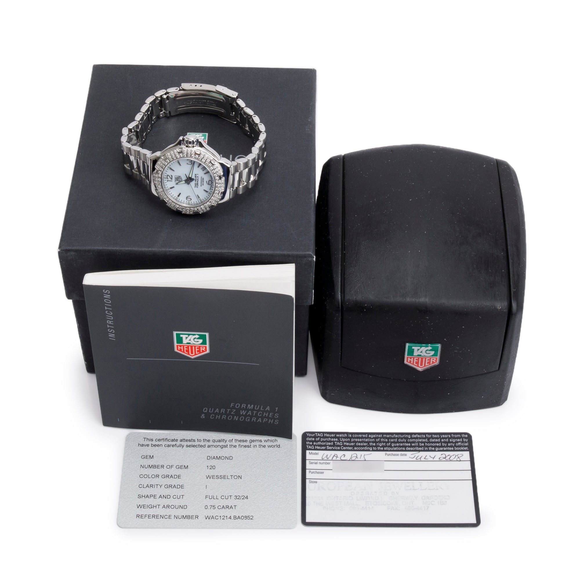 Tag Heuer Stainless Steel Formula 1 Diamond Bezel 37 MM Watch WAC1215 w/ Box & Papers