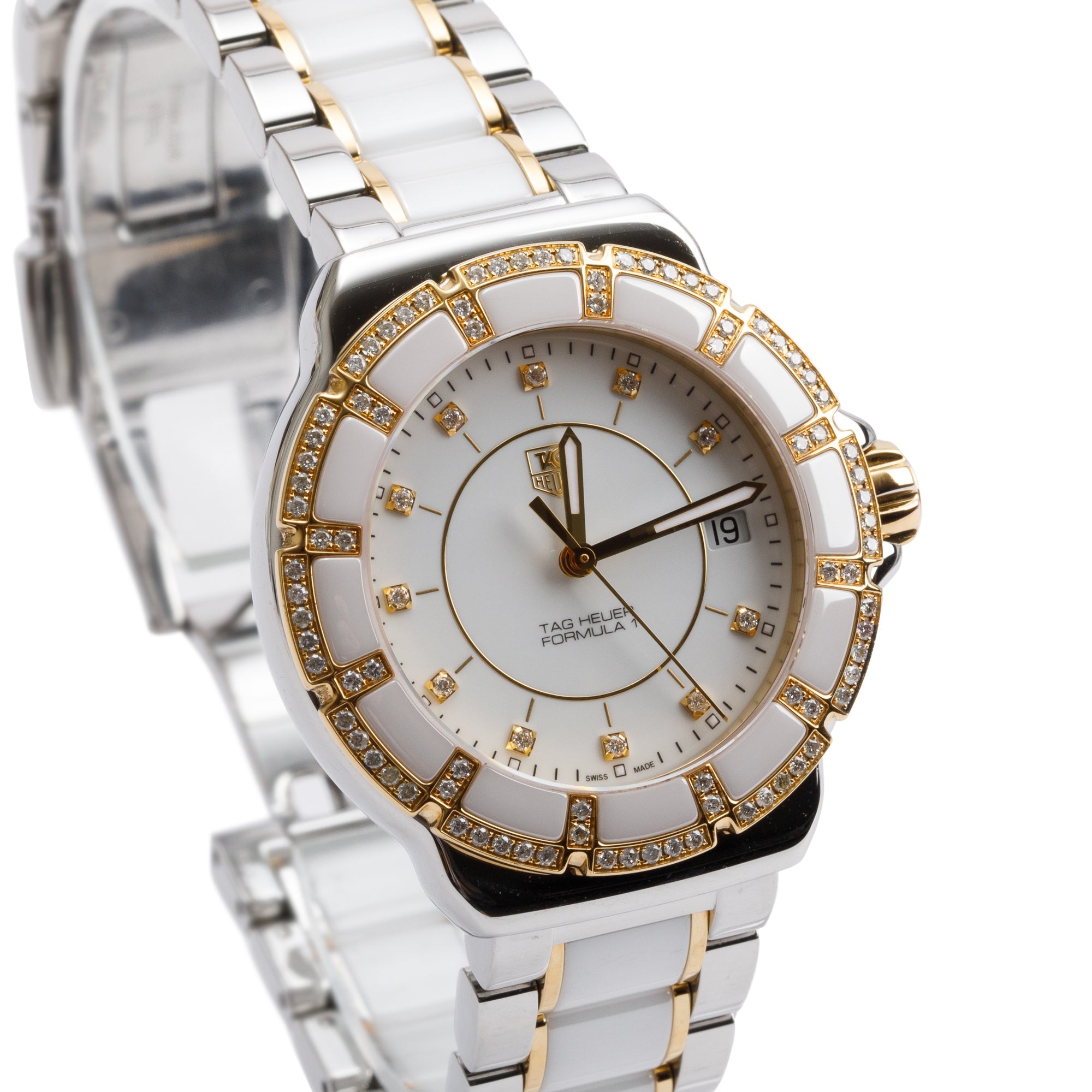 Tag Heuer Stainless Steel & Gold Plated White Ceramic Diamond Bezel & Dial Formula 1 37 MM Watch w/ Box & Papers