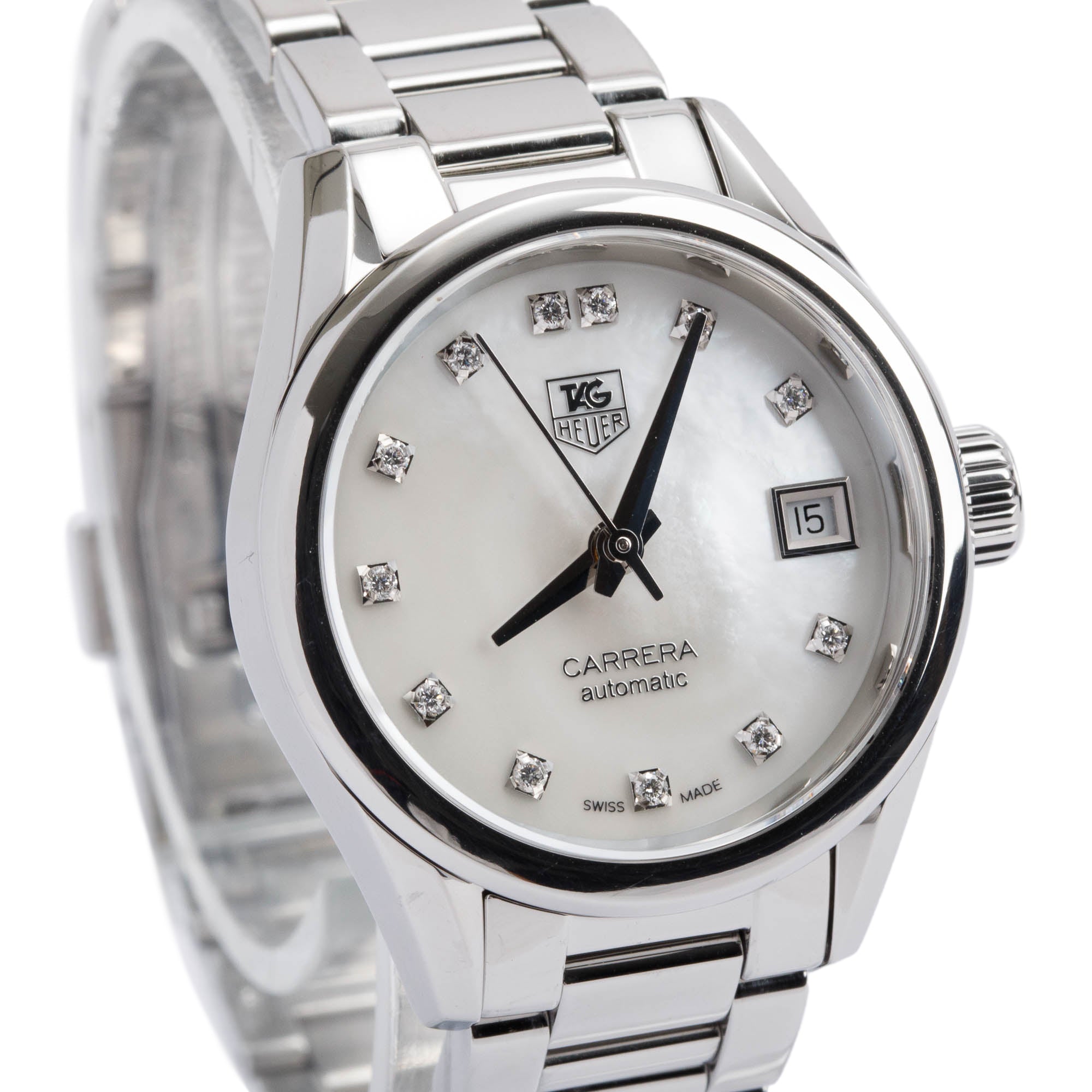 Tag Heuer Stainless Steel Mother of Pearl Diamond Dial Carrera 28 MM Automatic Watch WAR2414