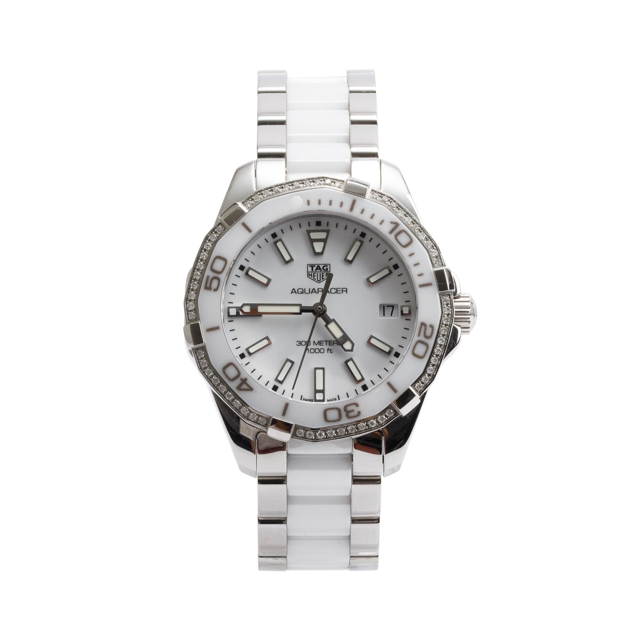 Tag Heuer Stainless Steel & White Ceramic Aquaracer Diamond Bezel 35 MM Watch WAY131H w/ Box & Papers