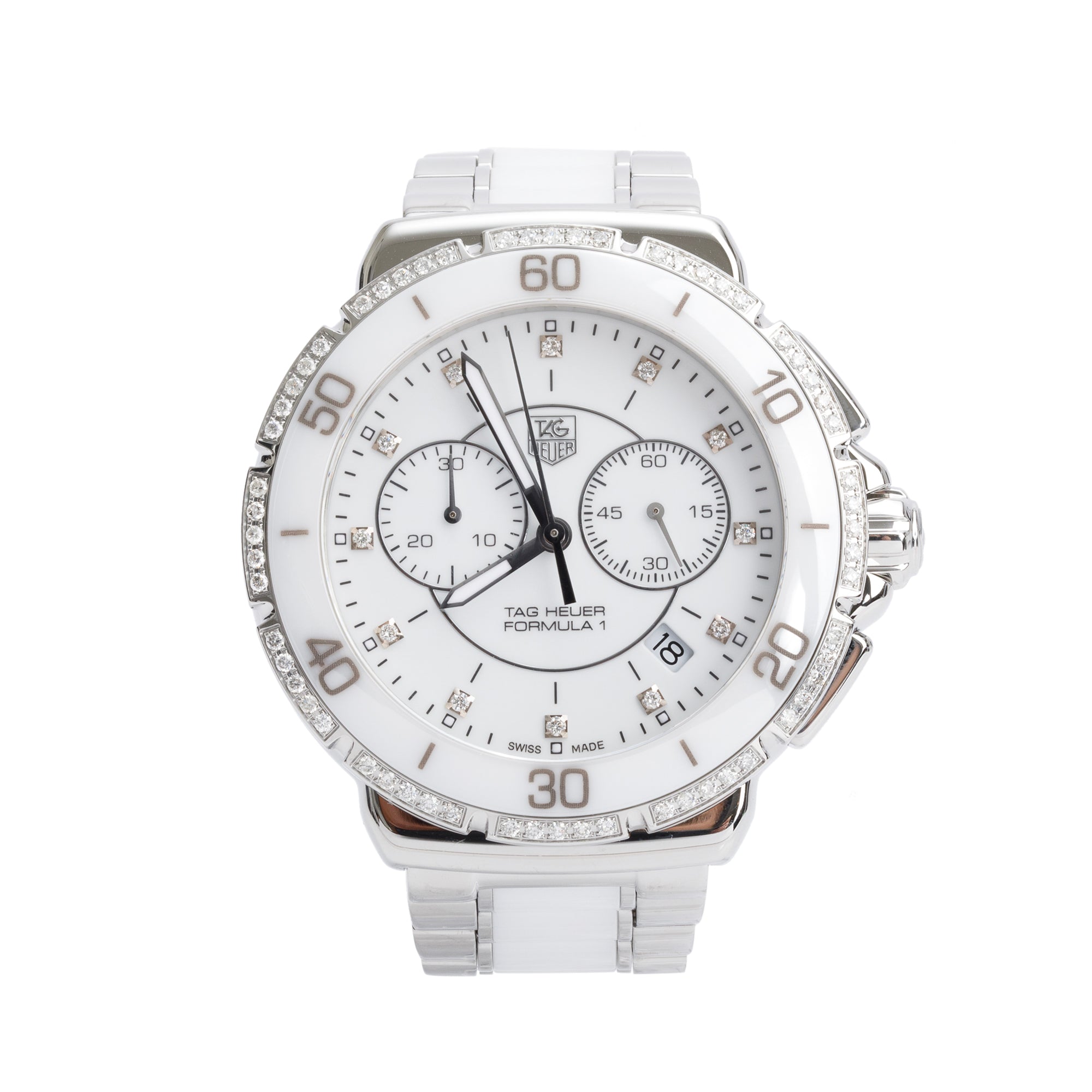Tag Heuer Stainless Steel & White Ceramic Diamond Bezel & Dial Formula 1 Chronograph 41 MM Watch CAH1213 w/ Box & Papers