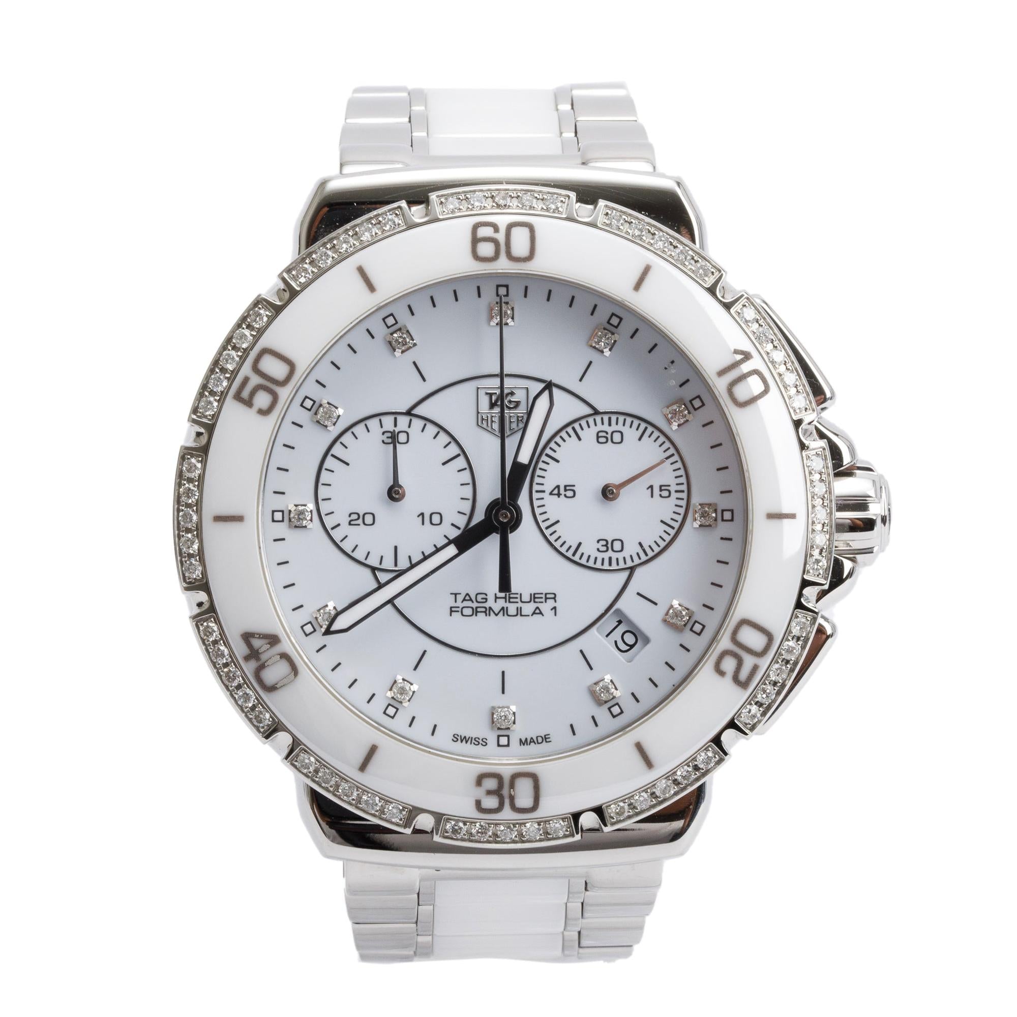 Tag Heuer Stainless Steel & White Ceramic Diamond Bezel & Dial Formula 1 Chronograph 41 MM Watch CAH1213