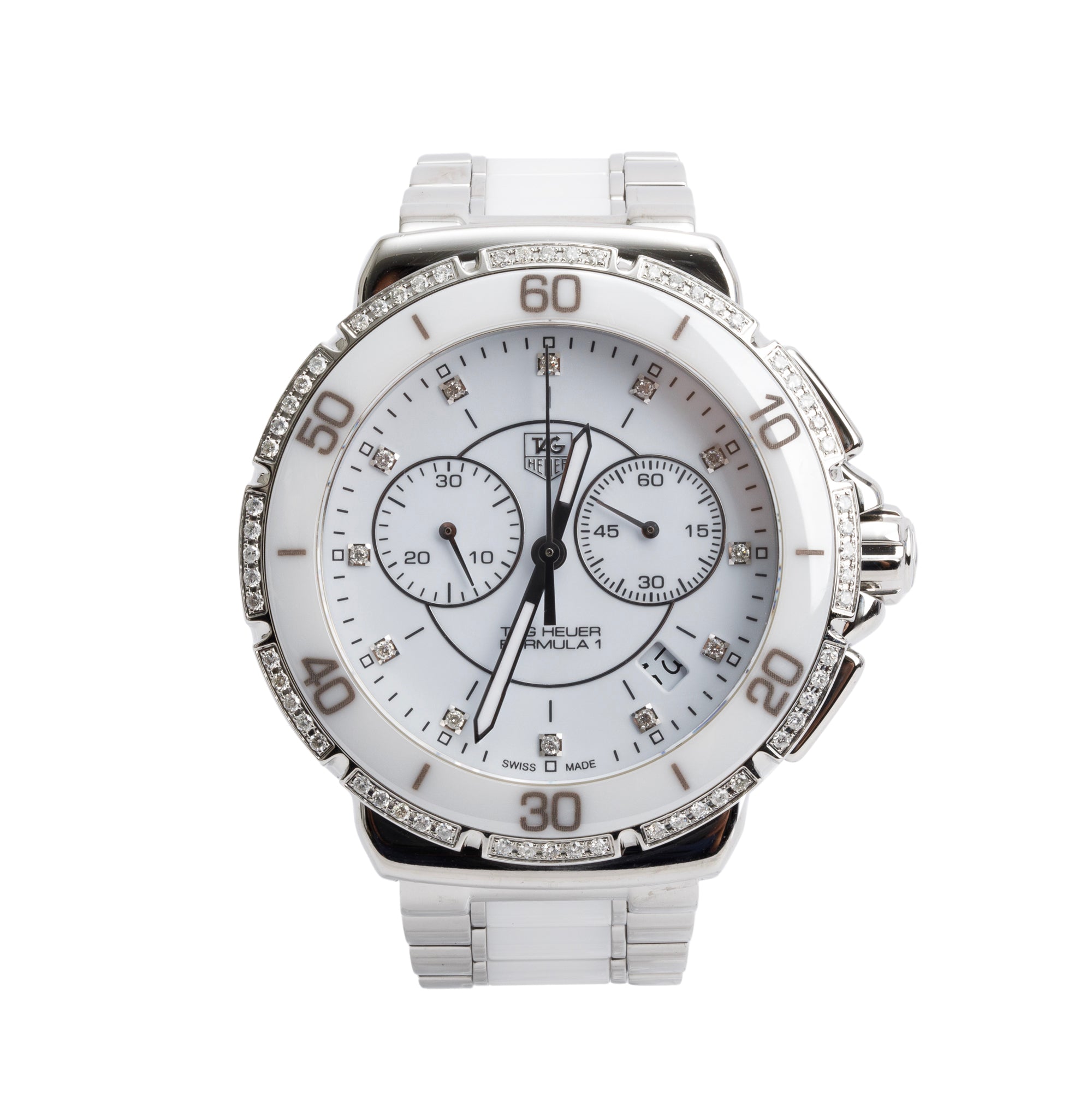 Tag Heuer Stainless Steel & White Ceramic Diamond Bezel & Dial Formula 1 Chronograph 41 MM Watch CAH1213