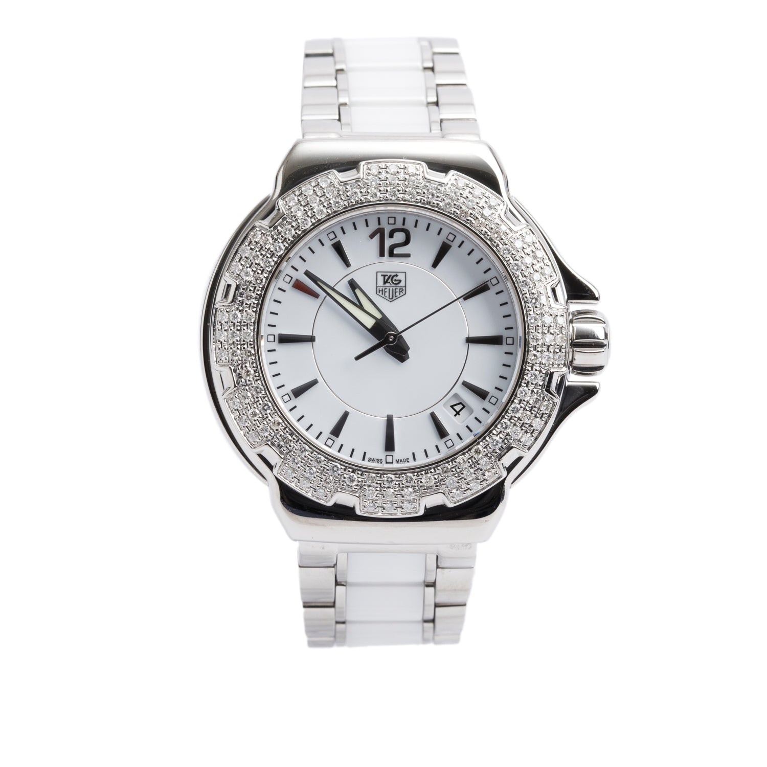 Tag Heuer Stainless Steel & White Ceramic Formula 1 Diamond Bezel 36 MM Watch WAH1215