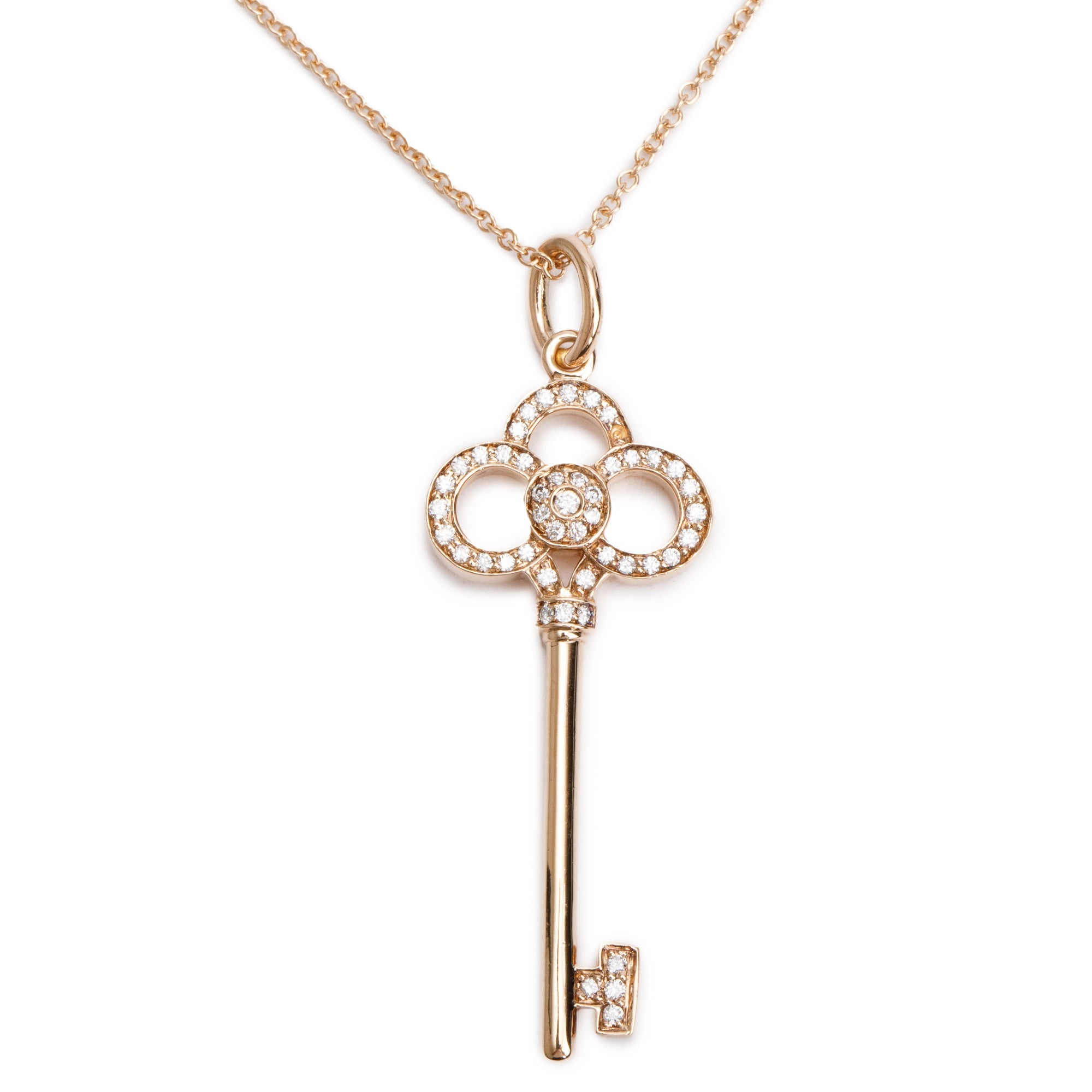 Tiffany & Co. 18k Rose Gold Diamond 1.5" Crown Key Pendant Necklace w/ Box