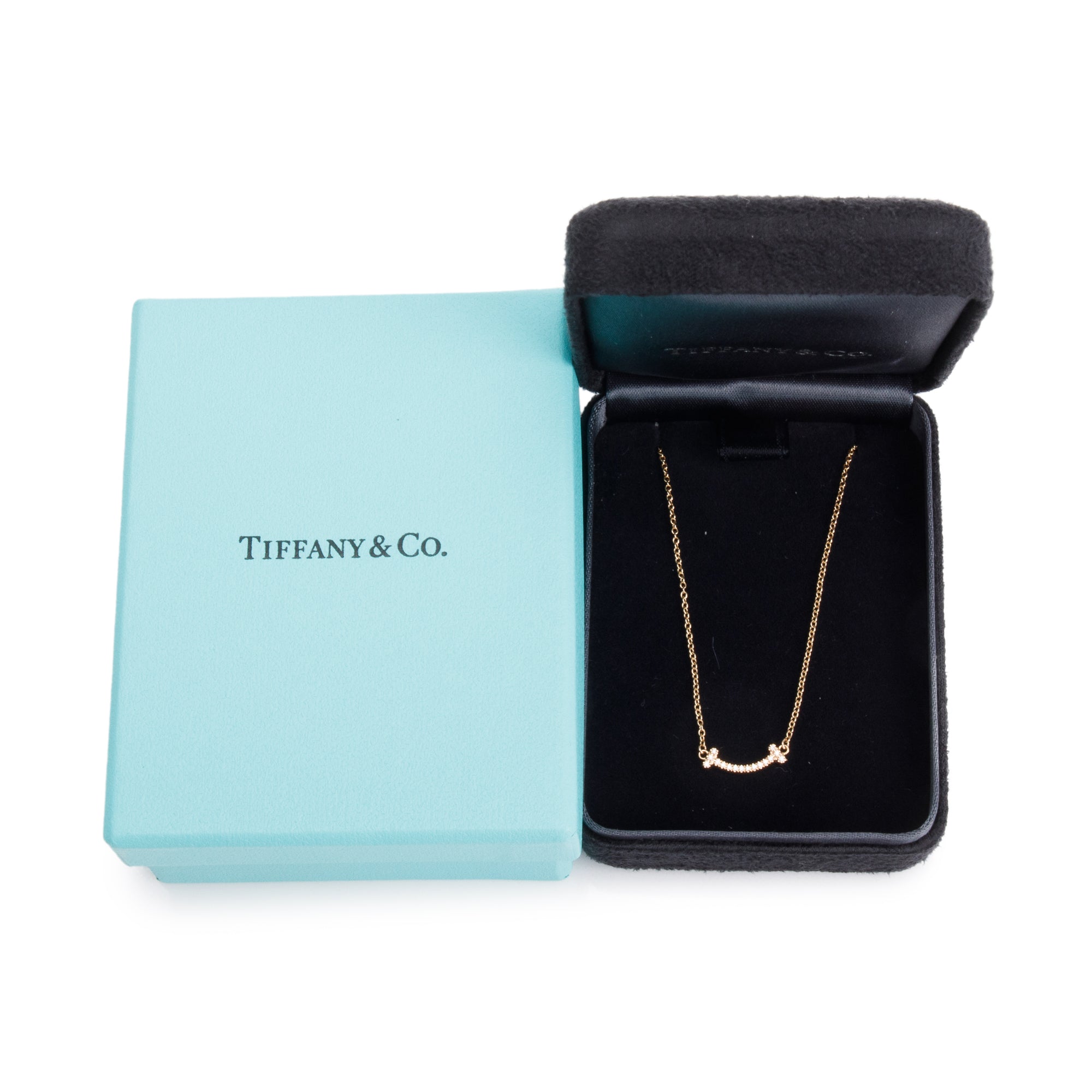 Tiffany & Co. 18k Rose Gold Mini T Smile Diamond Pendant Necklace w/ Box