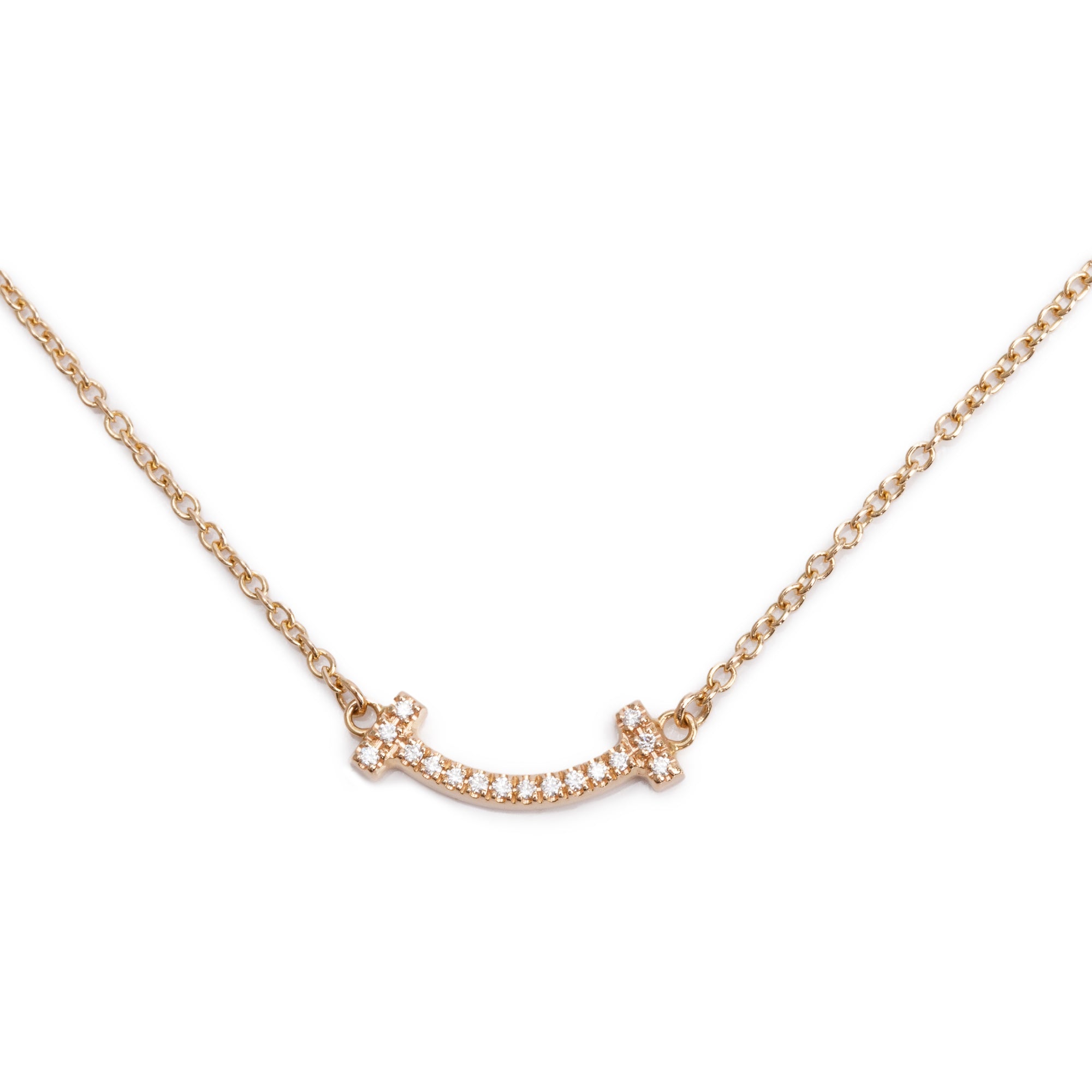 Tiffany & Co. 18k Rose Gold Mini T Smile Diamond Pendant Necklace w/ Box