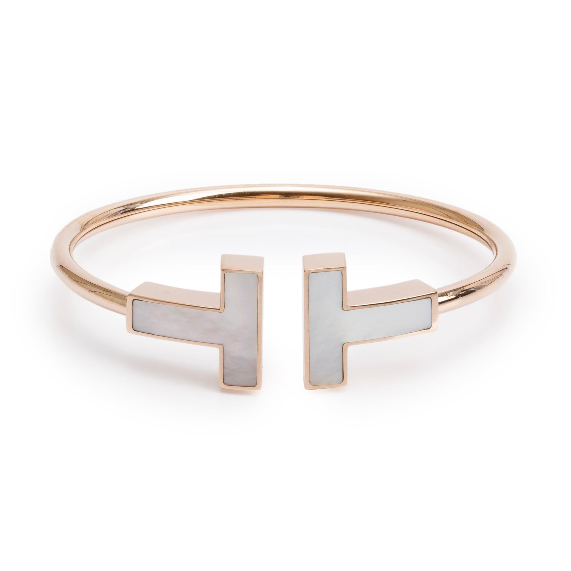 Tiffany & Co. 18k Rose Gold Mother of Pearl Wide T Wire Bracelet w/ Box