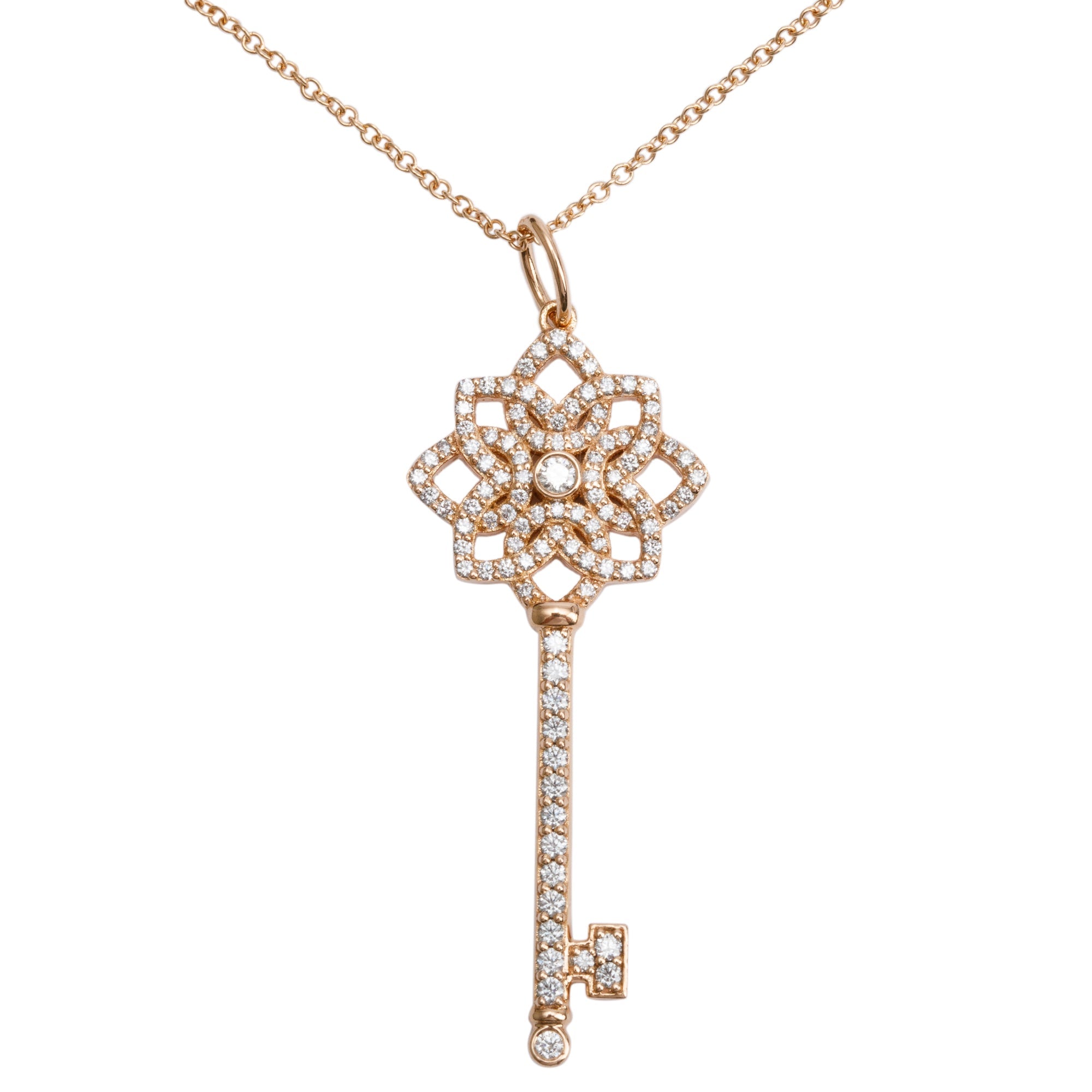 Tiffany & Co. 18k Rose Gold Pave Diamond 1.5" Woven Key Pendant Necklace w/ Box