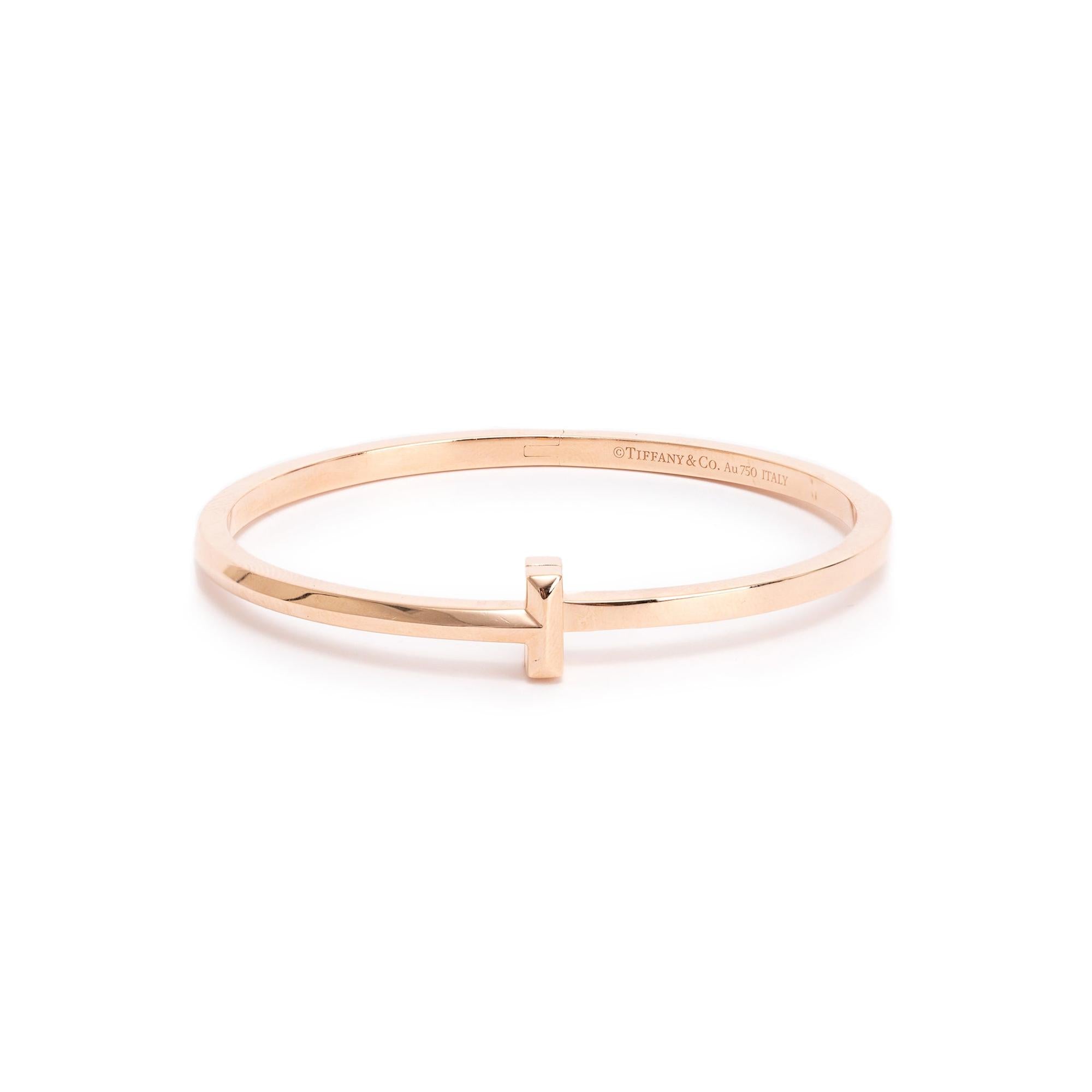 Tiffany 18k Rose Gold T1 Narrow Hinged Bangle Bracelet w