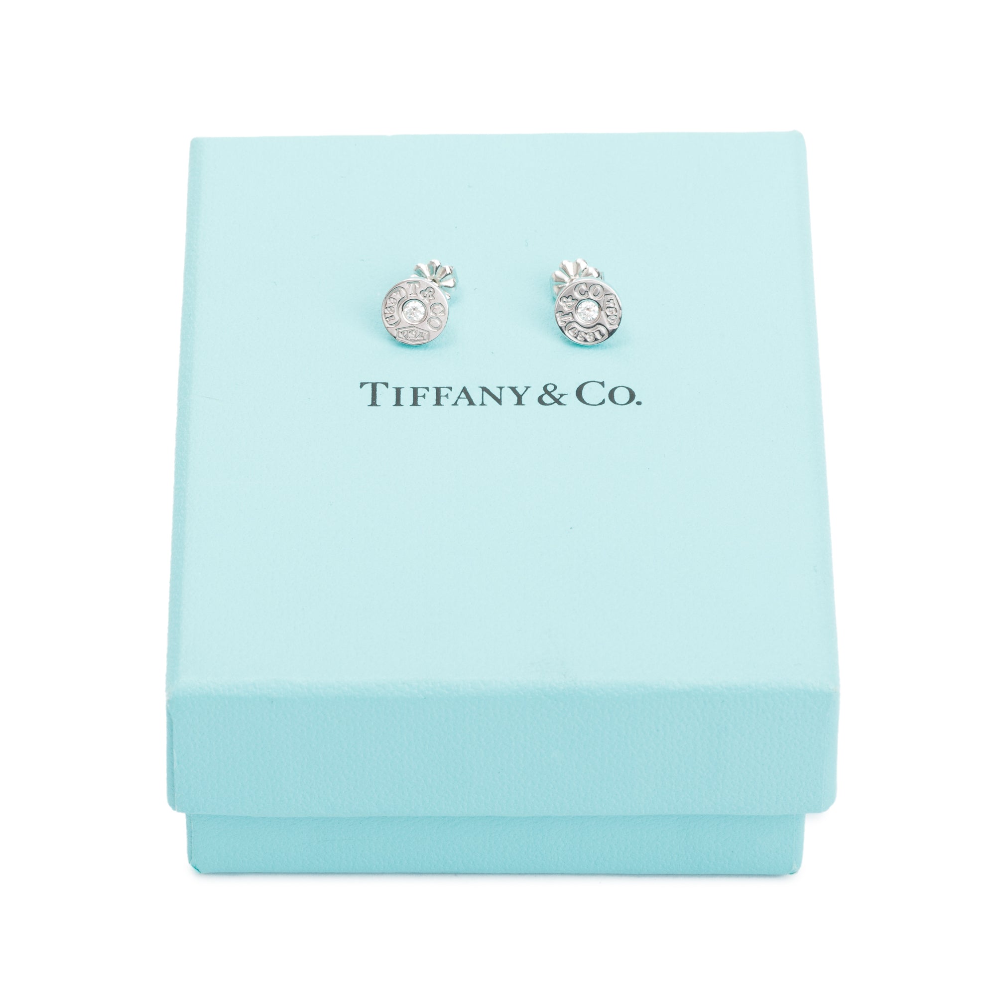 Tiffany & Co. 18k White Gold Diamond 1837 Circle Earrings w/ Box