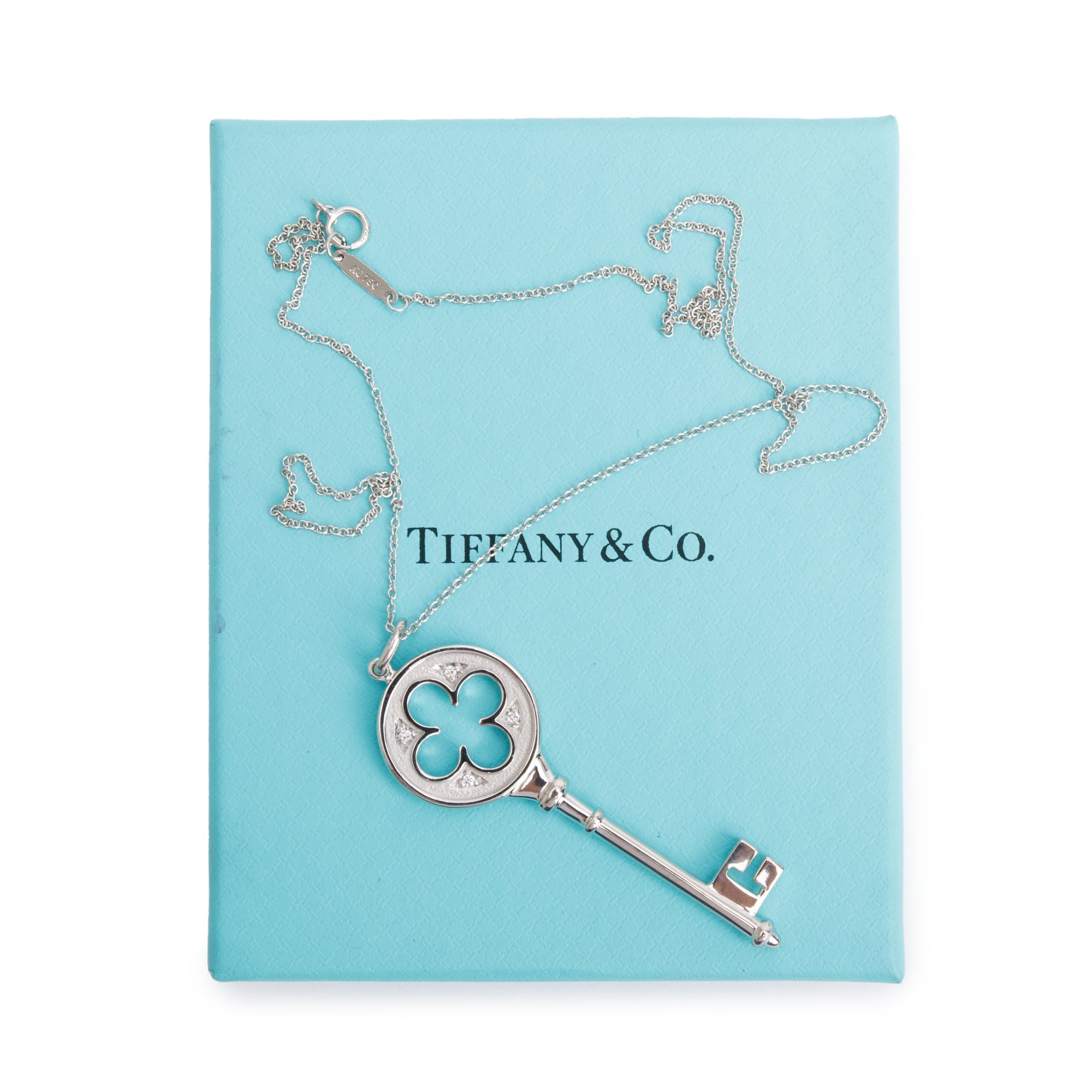 Tiffany & Co. 18k White Gold Diamond Clover Key Pendant Necklace w/ Box