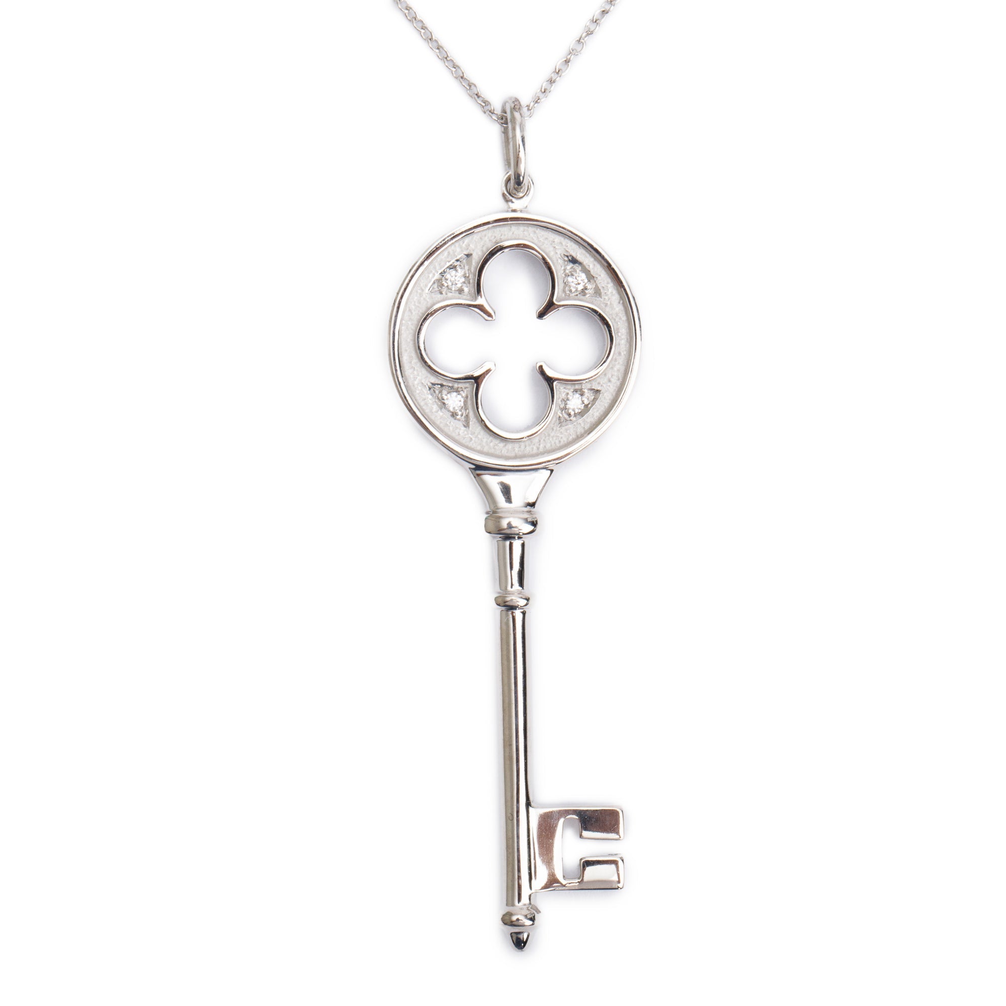 Tiffany & Co. 18k White Gold Diamond Clover Key Pendant Necklace w/ Box