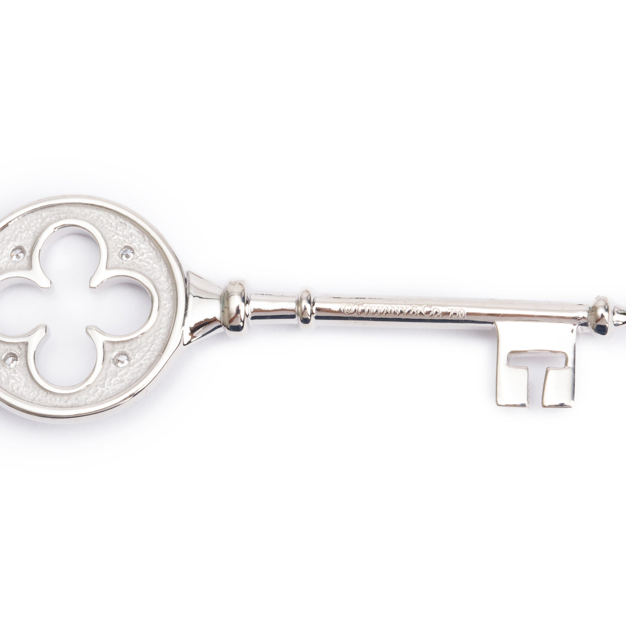 Tiffany & Co. 18k White Gold Diamond Clover Key Pendant Necklace w/ Box